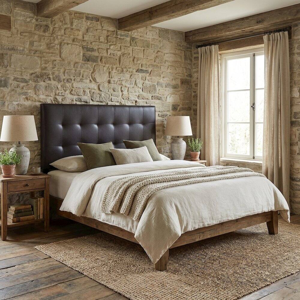 Angle. FurniFact - Upholstered Vinyl King Headboard with Elegant Padded Design and Durable Finish - Brown.