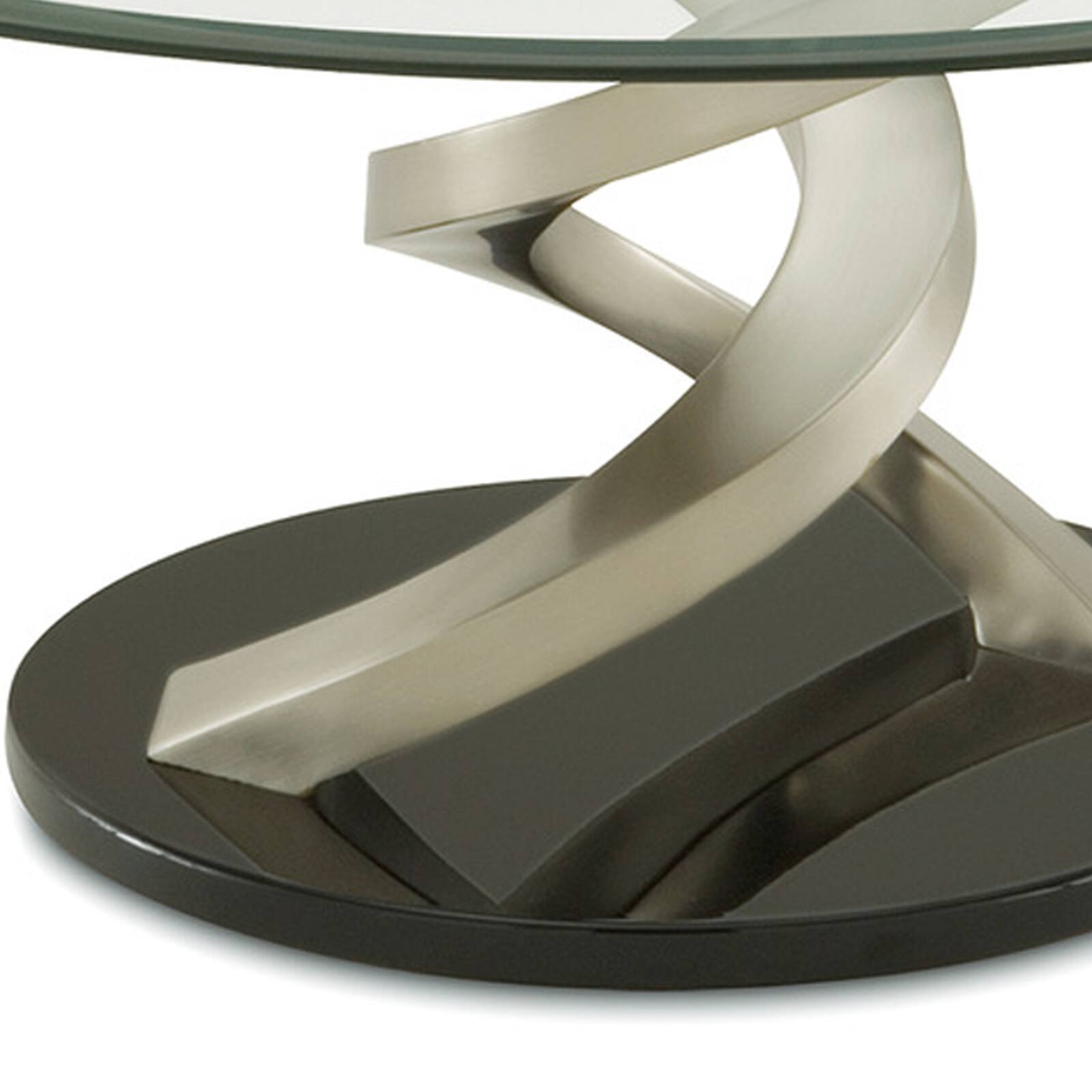 Alt View 3. Manhattan Lane - Coffee Table with Twisted Metal Base and Round Glass Top - Silver and Black.