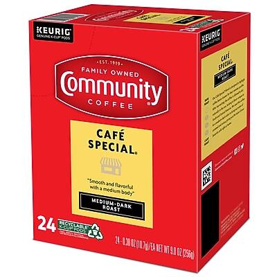 KEURIG  
GENUINE X-CUP POOS  

EST. 1919  
FAMILY OWNED  
Community COFFEE  

CAFÉ SPECIAL  
"Smooth and flavorful with a medium body"  
MEDIUM-DARK ROAST  

24 K-CUP RECYCLABLE PODS  
24 - 0.38 OZ (10.7g) EACH  
NET WT 9.0 OZ (255g)