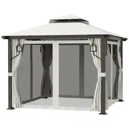 Outsunny - x 10' Patio Gazebo, Double Roof Outdoor Gazebo with Privacy Curtains, Mesh Netting - Cream White