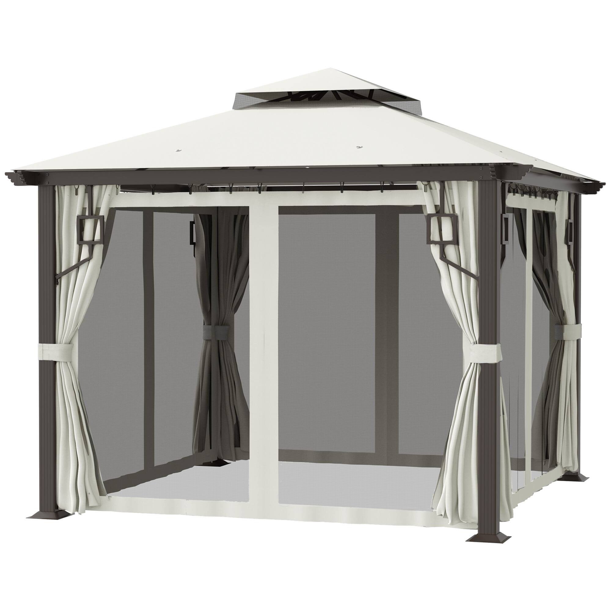 Front. Outsunny - x 10' Patio Gazebo, Double Roof Outdoor Gazebo with Privacy Curtains, Mesh Netting - Cream White.