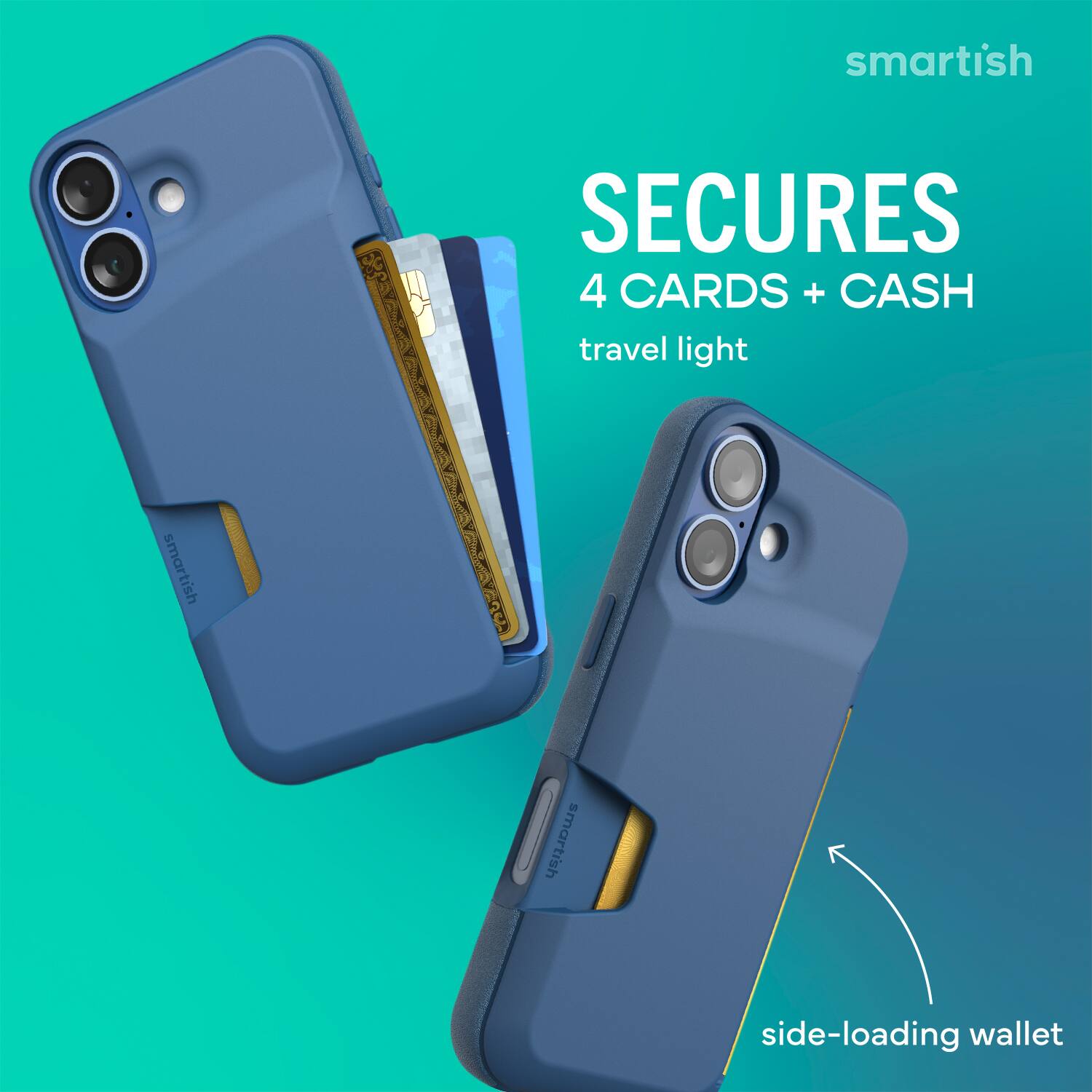 smartish  
SECURES  
4 CARDS + CASH  
travel light  
smartish  
side-loading wallet