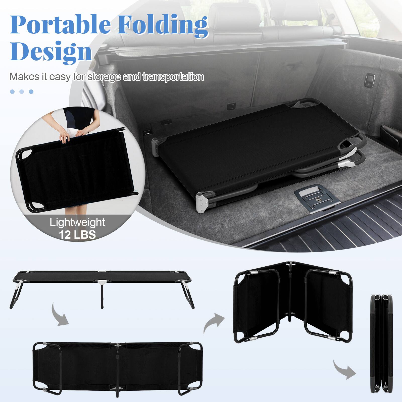 Portable Folding Design  
Makes it easy for storage and transportation  

Lightweight 12 LBS