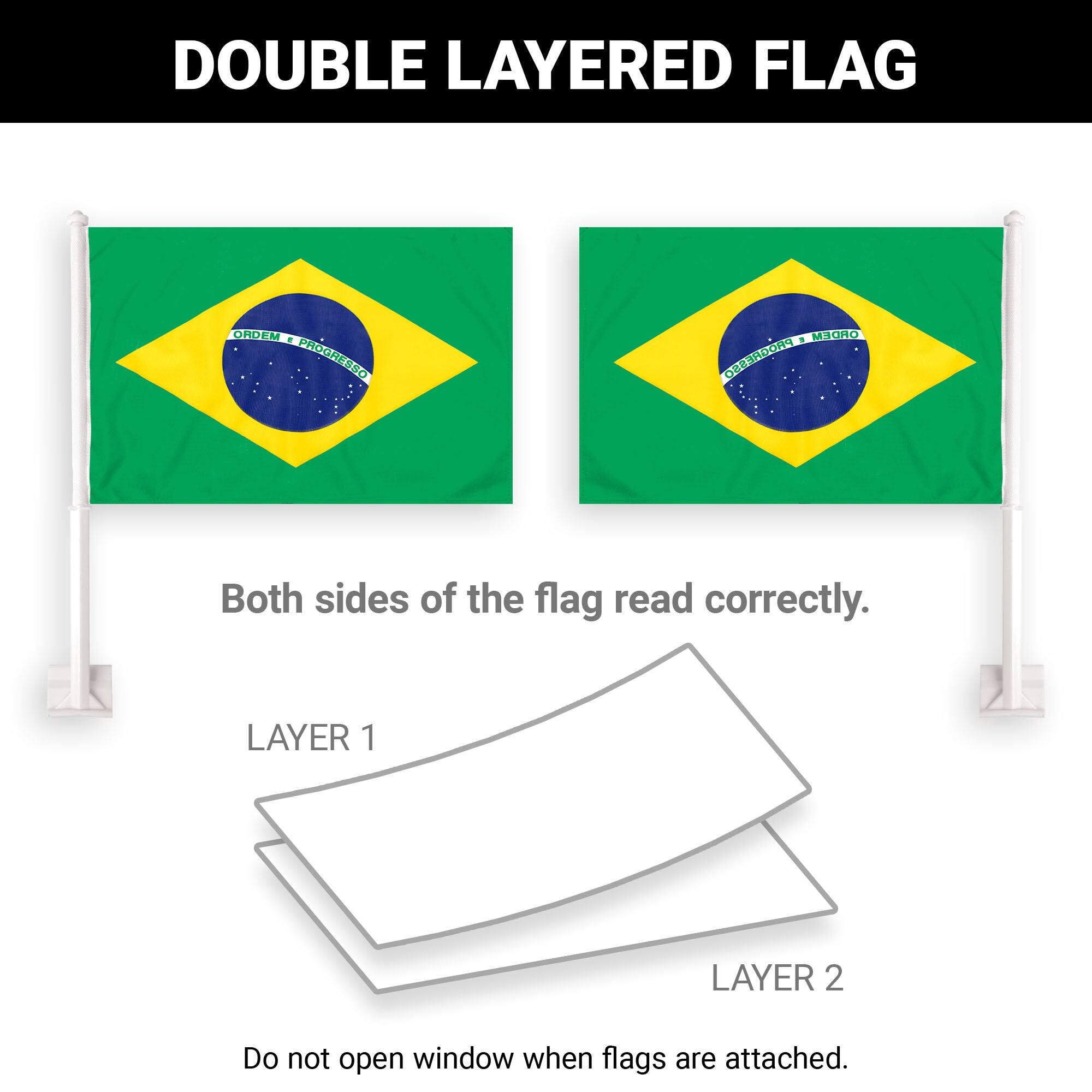 DOUBLE LAYERED FLAG  
ORDEM E PROGRESSO  
Both sides of the flag read correctly.  

LAYER 1  
LAYER 2  

Do not open window when flags are attached.