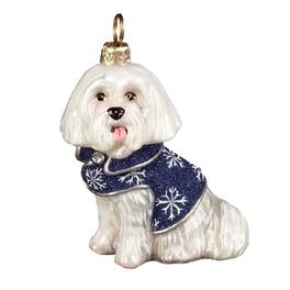 Joy to the World Collectibles - Joy to the World Maltese in Snowflake Coat with Crystals Polish Blown Glass Christmas Ornament - White