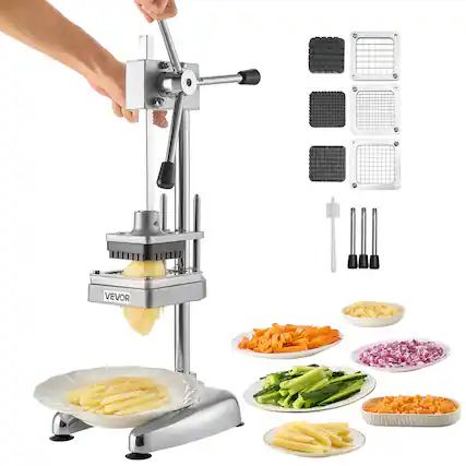 Front. VEVOR - Commercial French Fry Cutter, Stainless Steel Vegetable Fruit Chopper with 3 Replacement Blades 1/2-Inch 3/8-Inch 1/4-In - Silver.