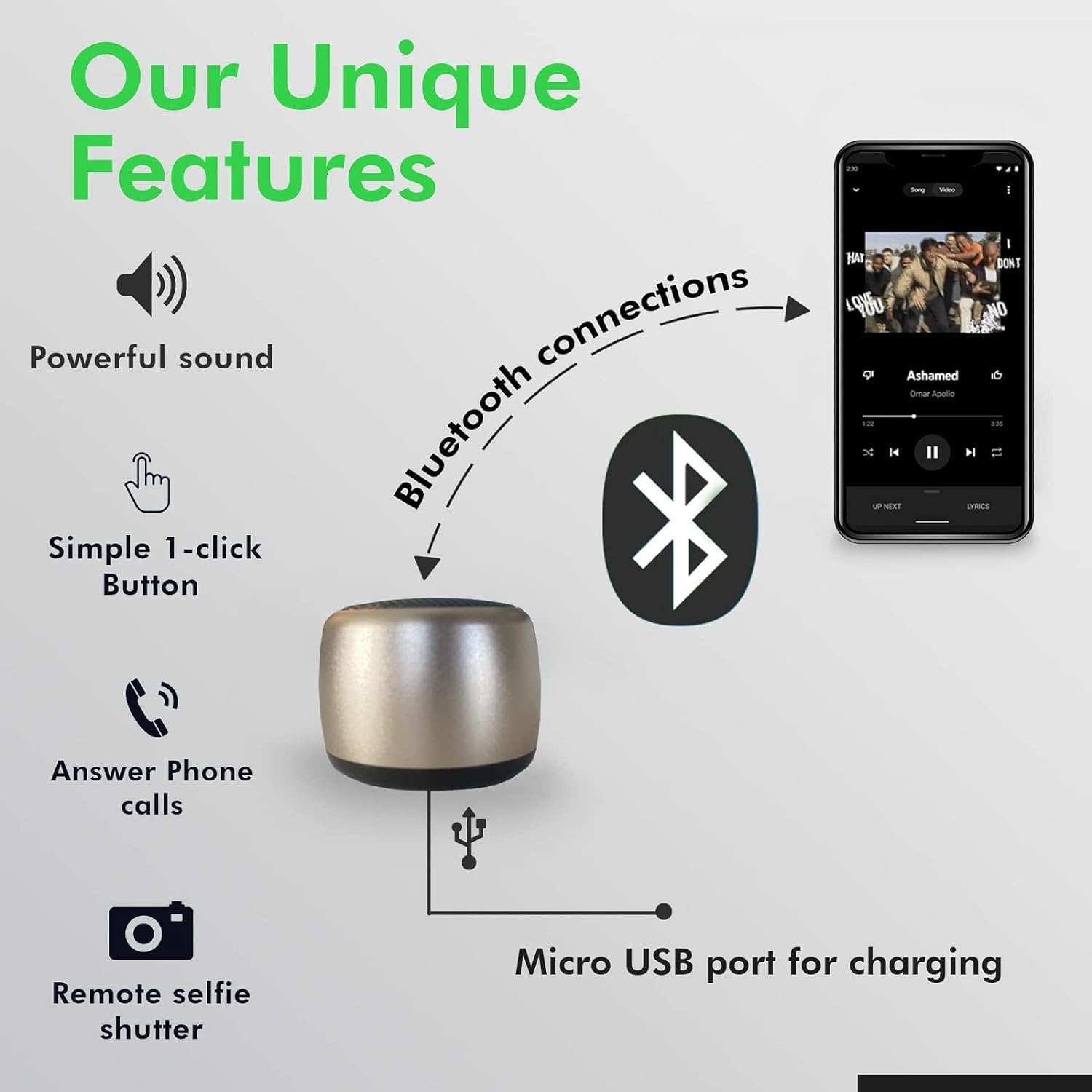 Our Unique Features

- Powerful sound
- Simple 1-click Button
- Answer Phone calls
- Remote selfie shutter
- Bluetooth connections
- Micro USB port for charging