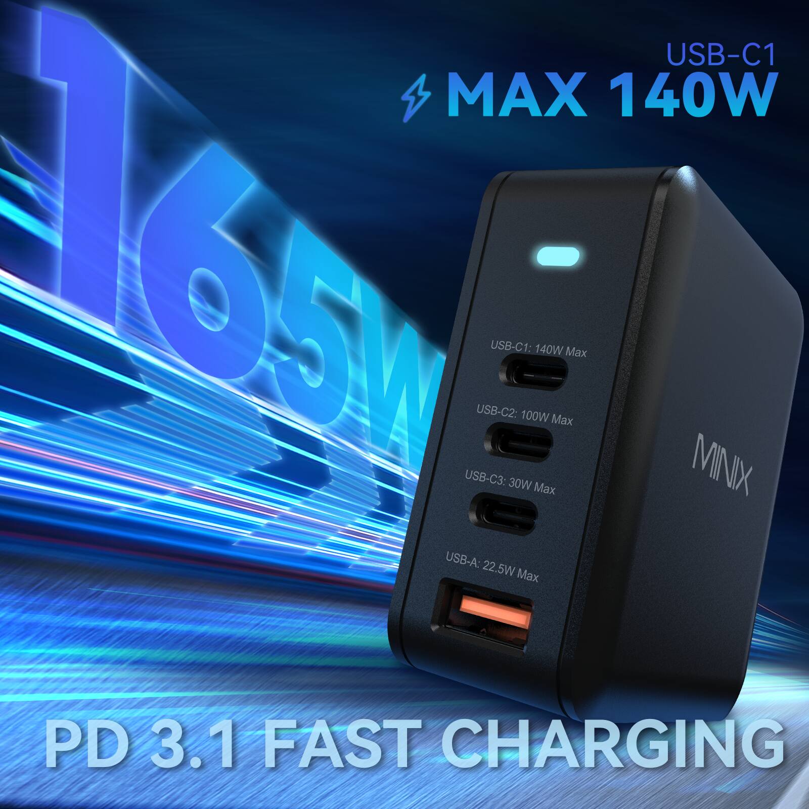 The text on the image is grouped and corrected as follows:

USB-C1 MAX 140W 16N USB-C3: USB-C2: USB-C1: 30W 100W Max 140W Max Max MINIX USB-A: 22.5W Max PD 3.1 FAST CHARGING