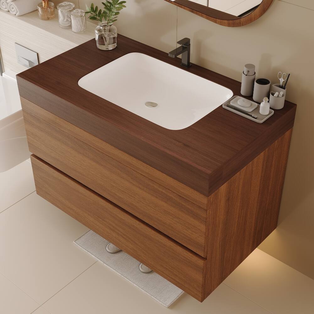 Alt View 2. Loheer - Loheer 29.9 inch floating bathroom vanity Walnut Wall Mounted Vanity with Sink - Walnut.