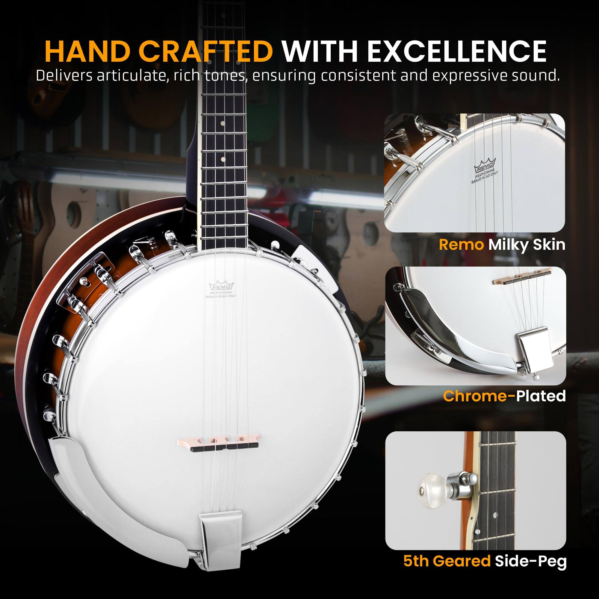 HAND CRAFTED WITH EXCELLENCE  
Delivers articulate, rich tones, ensuring consistent and expressive sound.

- Remo Milky Skin
- Chrome-Plated
- 5th Geared Side-Peg