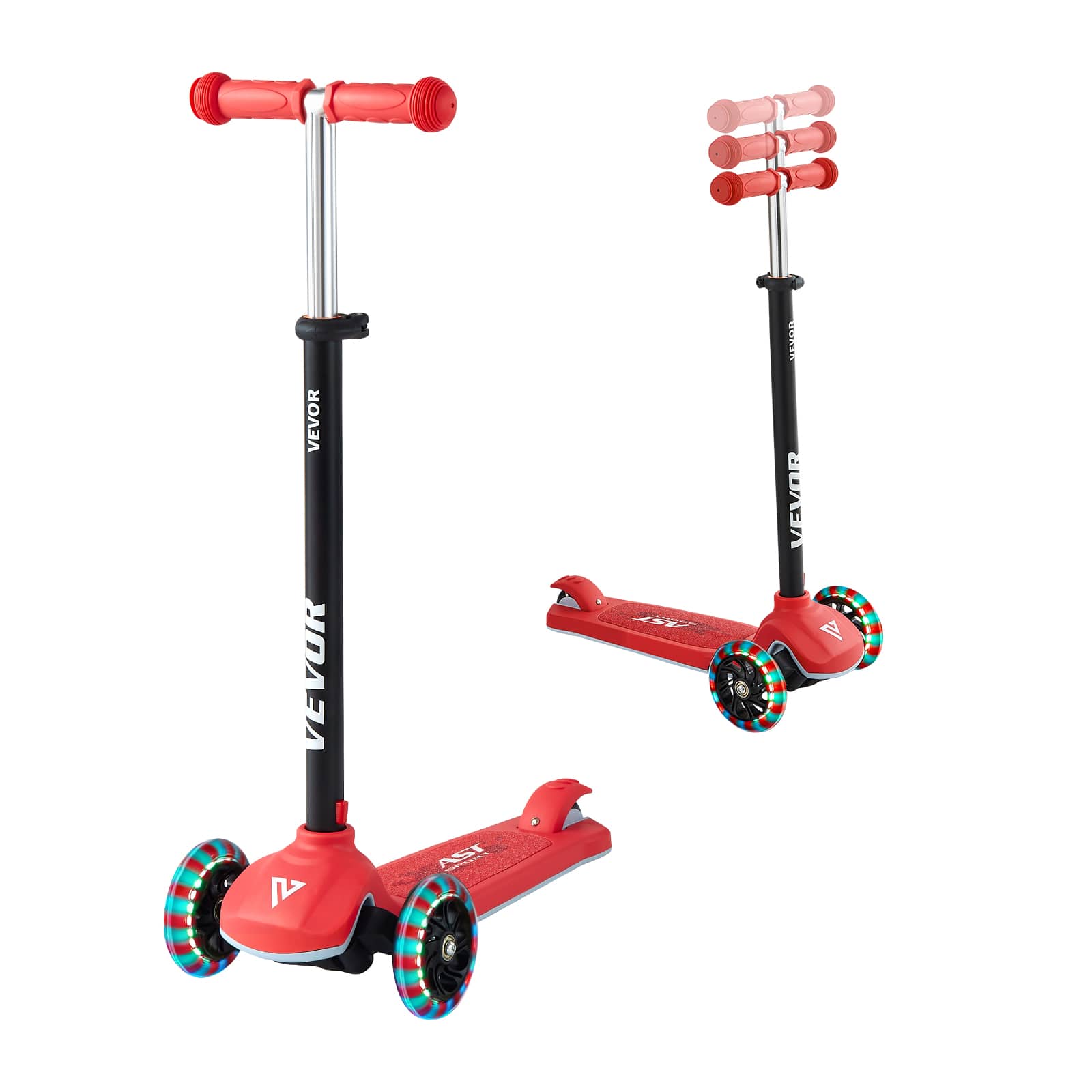 VEVOR - Kick Scooter for Kids Ages 3+, 3-Wheel Toddler Scooter with Light-Up Wheels, Adjustable Height Handlebar - Red