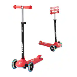 VEVOR - Kick Scooter for Kids Ages 3+, 3-Wheel Toddler Scooter with Light-Up Wheels, Adjustable Height Handlebar - Red