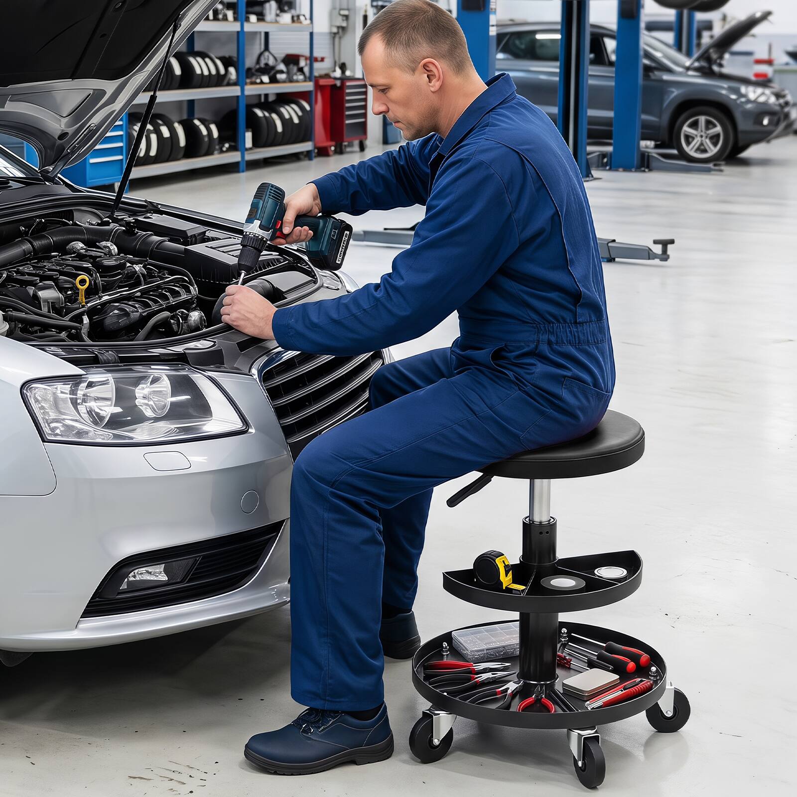 Alt View 1. Costway - Costway 16.5"-22" Rolling Mechanic Stool with Wheels, 2-Tier Tool Trays, Padded Cushion - Black.