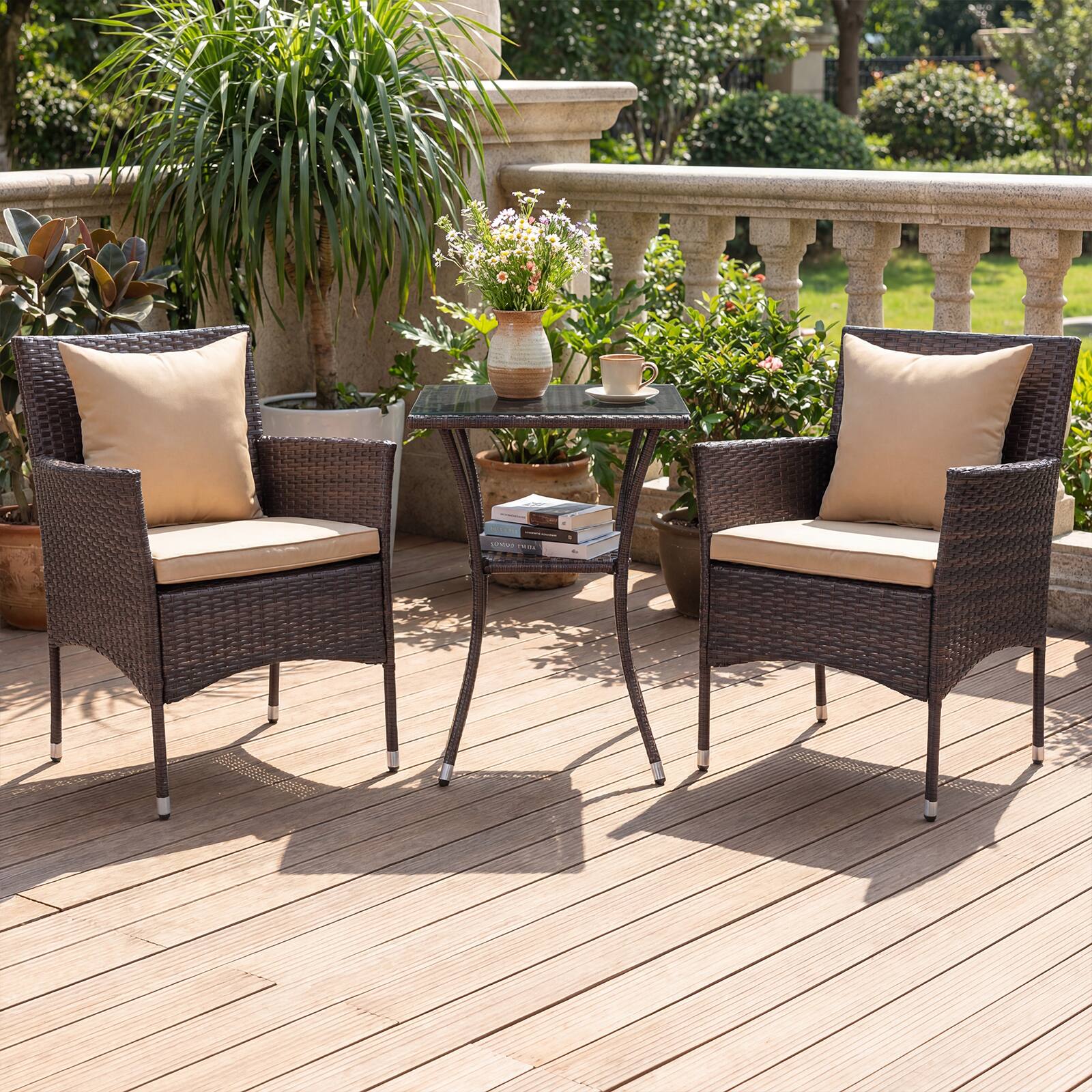 Alt View 1. Costway - Costway 3PCS Patio Wicker Bistro Set, 2 Rattan Chairs with Double-Tier Tempered Glass Table - Mix Brown + Beige.