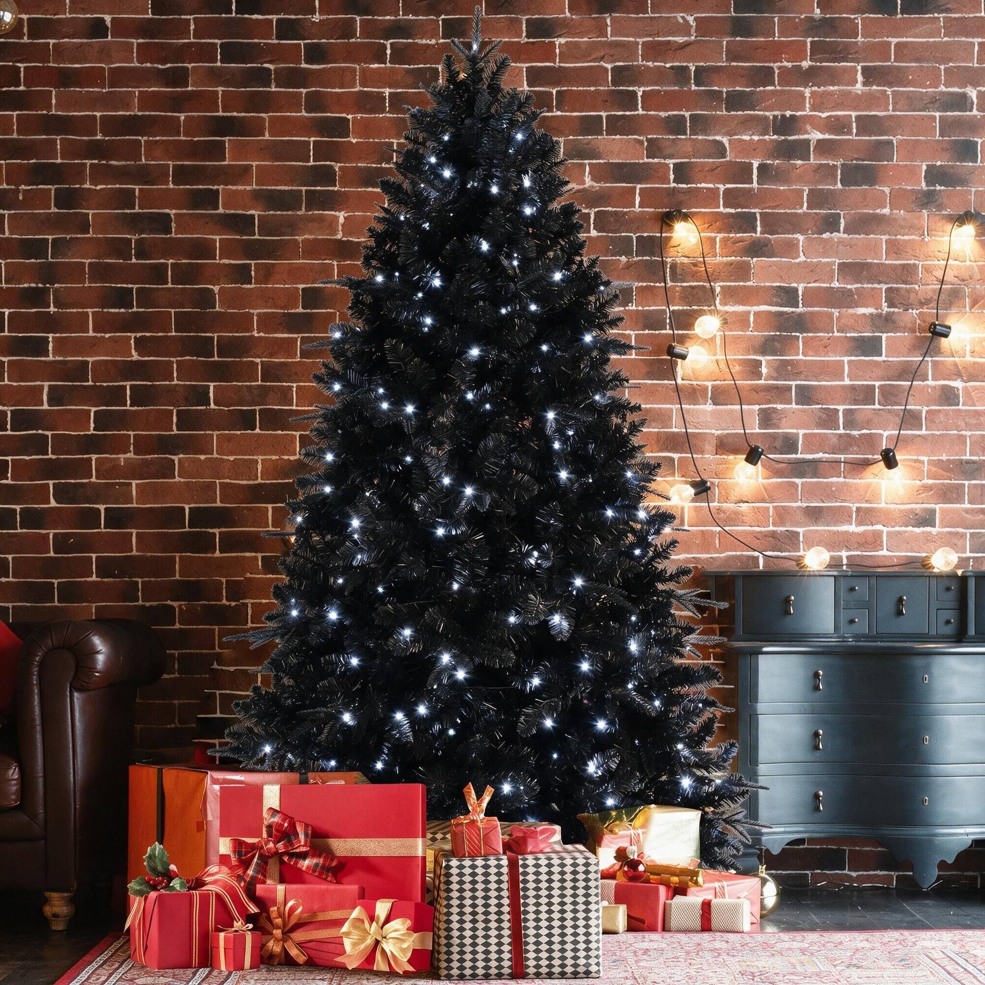 Angle. RYHNUYNE - 6FT Black Christmas Tree, 350 White LED Lights 1460 Tips PE+PVC Material Hinged Metal Stand Halloween Holiday Decor - Black.