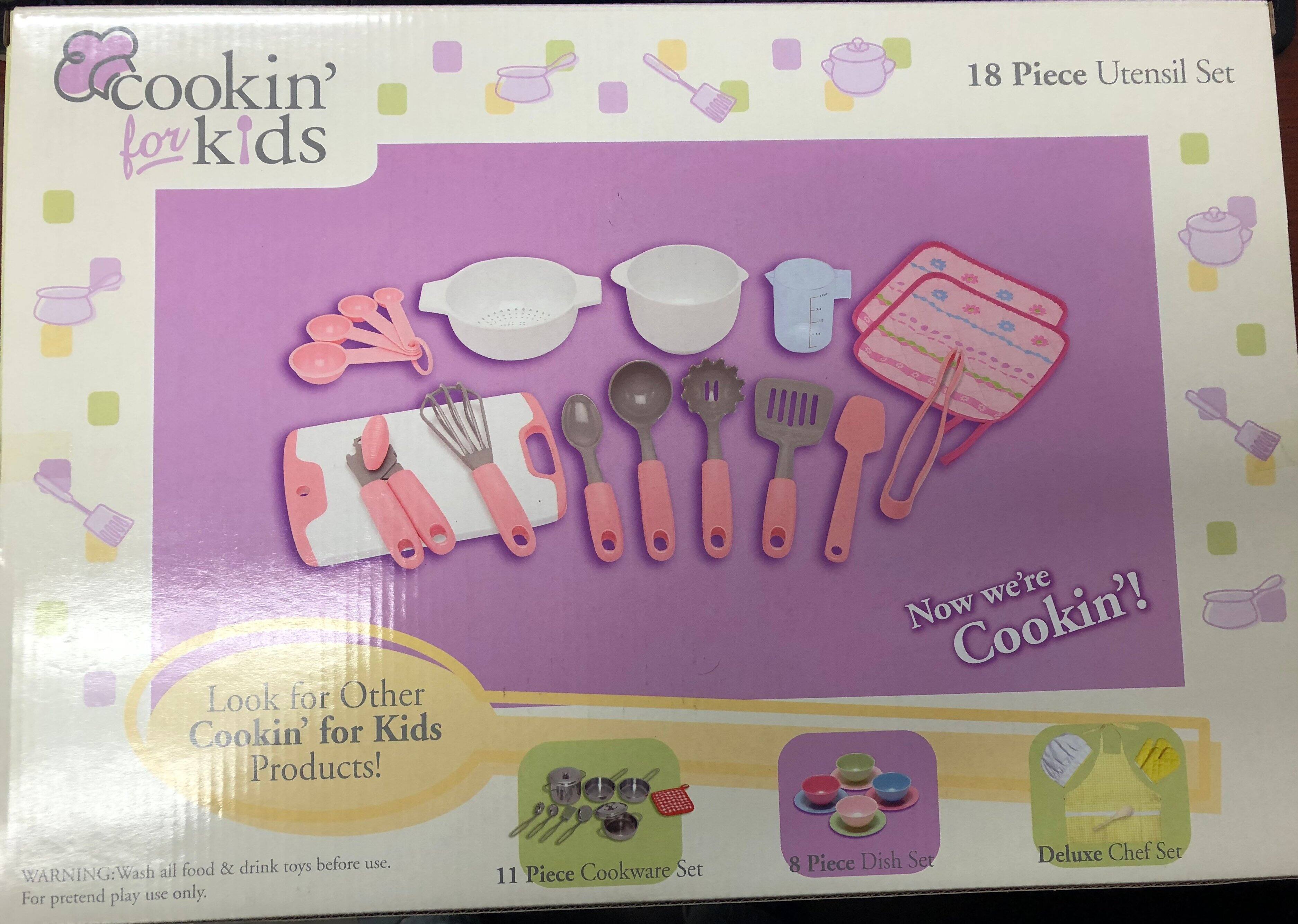 Sure, here is the corrected and grouped text from the image:

---

**Cookin' for Kids**

**18 Piece Utensil Set**

**Look for Other Cookin' for Kids Products!**

**Now we're Cookin'!**

**WARNING:** Wash all food & drink toys before use. For pretend play use only.

**11 Piece Cookware Set**

**8 Piece Dish Set**

**Deluxe Chef Set**

---
