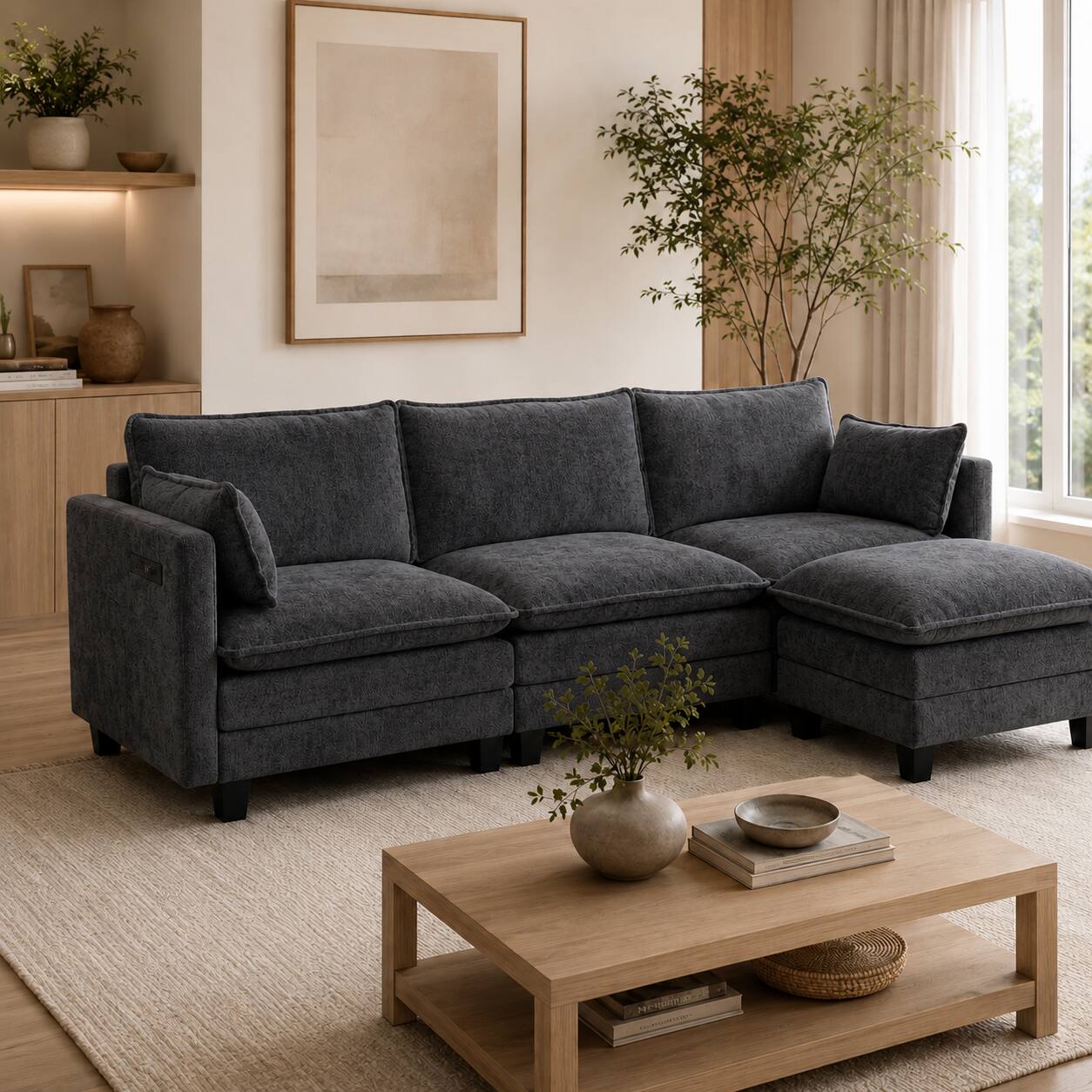 Left. Anysun - Modern Chenille 3-Seat Couch with Matching Ottoman, Built-in USB Ports and Side Pockets - Black.