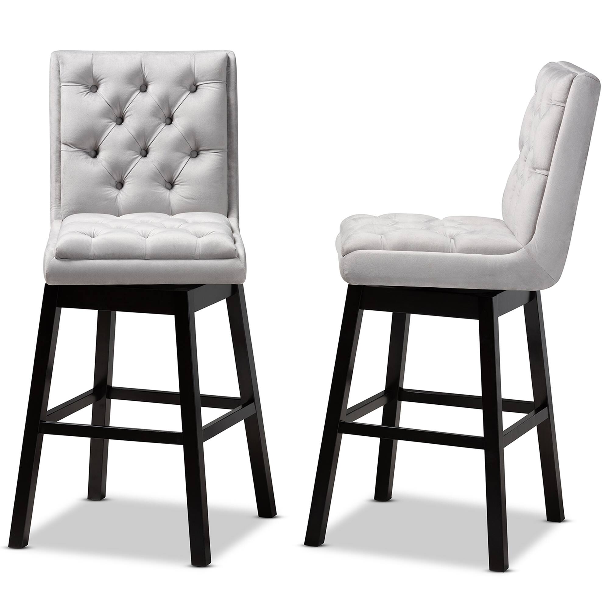 Left. Baxton Studio - Gregory Modern Velvet Upholstered and Dark Brown Finished 2-Piece Swivel Bar Stool Set - Light Grey/ Dark Brown.