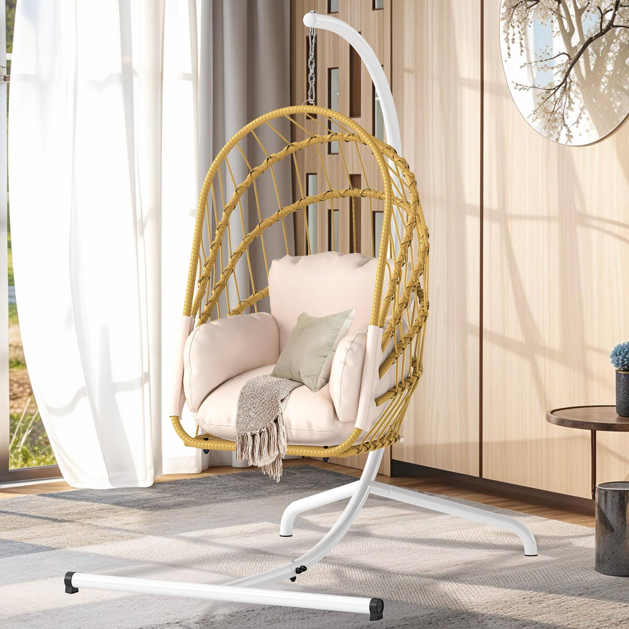 Alt View 5. Fabibe - Wicker Swing Egg Chair 300lbs Capacity - Foldable Hanging Hammock with Cushions & Stand, Indoor/Outdoor Patio... - Beige(w/ Stand).