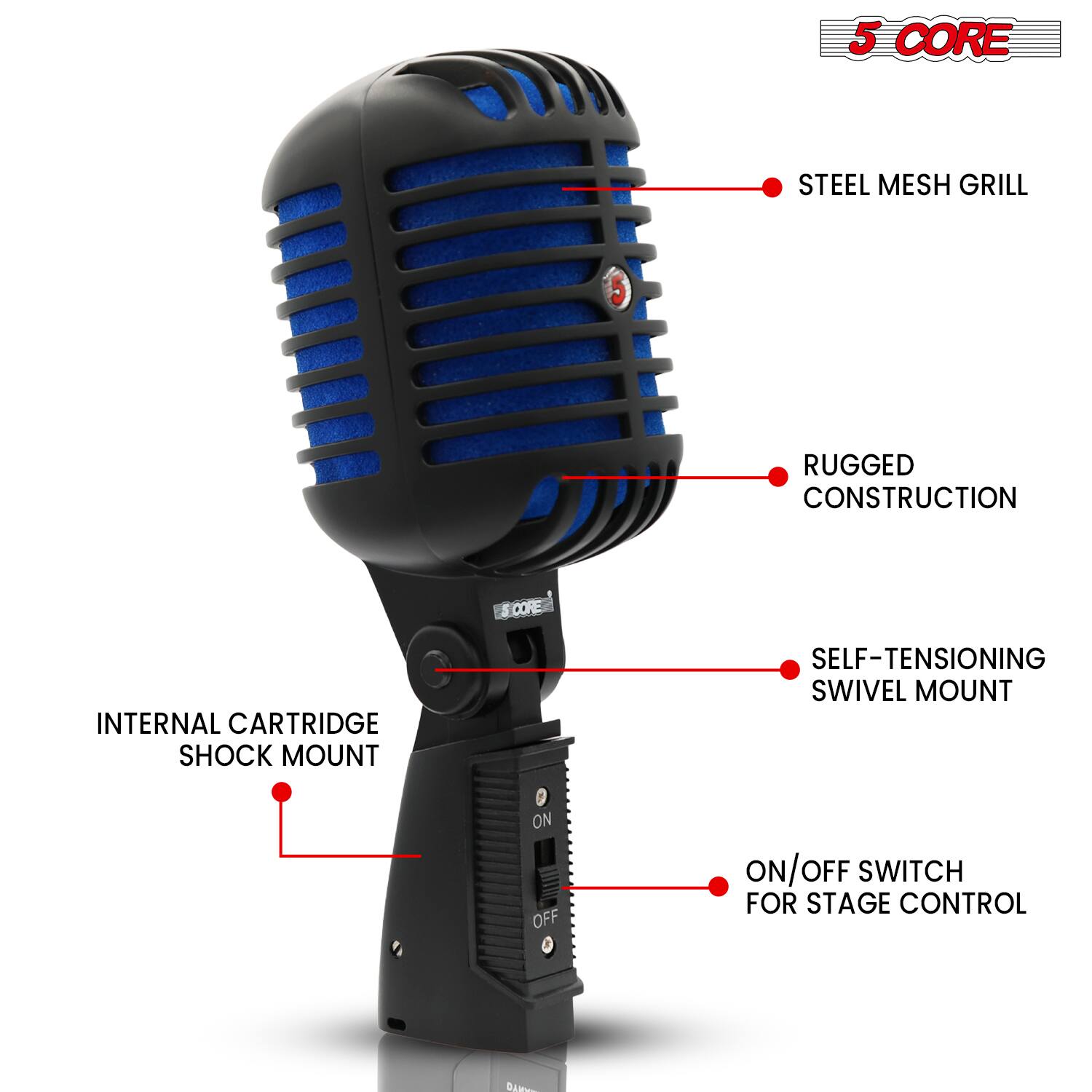 5 CORE STEEL MESH GRILL  
RUGGED CONSTRUCTION  
INTERNAL CARTRIDGE SHOCK MOUNT  
SELF-TENSIONING SWIVEL MOUNT  
ON/OFF SWITCH FOR STAGE CONTROL