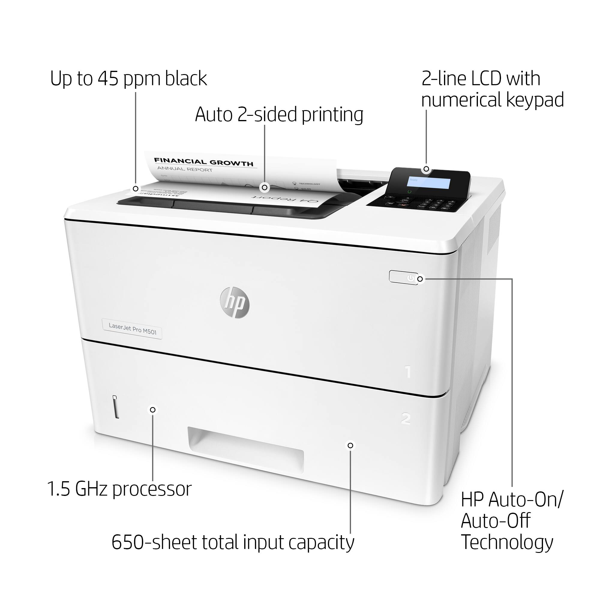 The text on the image is already grouped and correctly labeled. It describes the features of a HP printer, including its printing capabilities, processing power, and energy-saving technology.