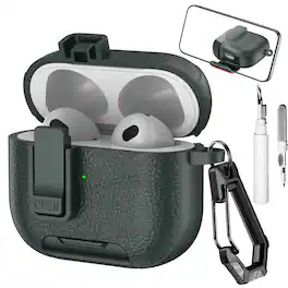 Dteck - Earphone Case for Apple AirPods 3rd Gen (2021) with Phone Holder & Keychain,Leather Texture Earbuds Cover for Man Women - Armygreen