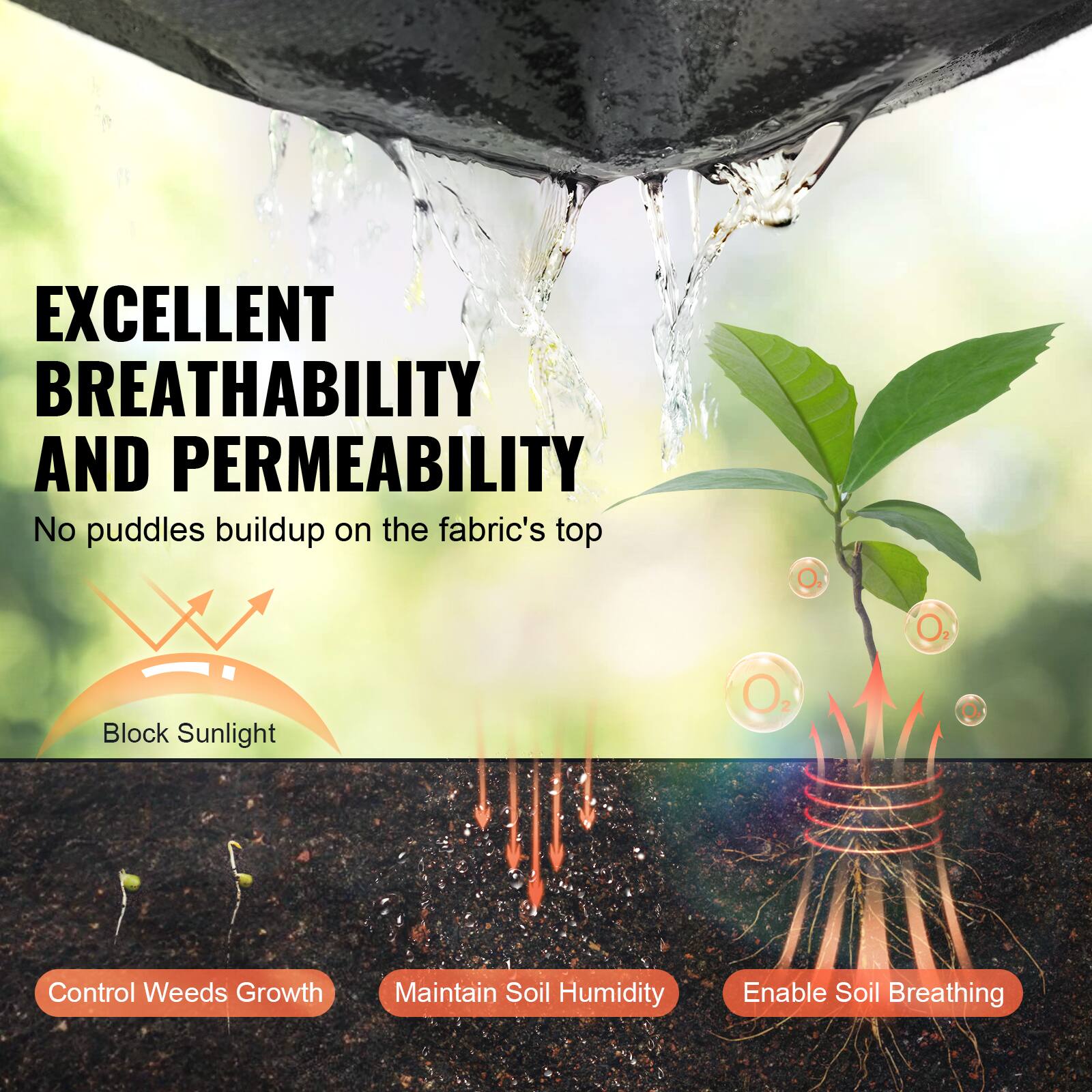 EXCELLENT BREATHABILITY AND PERMEABILITY

No puddles buildup on the fabric's top

Block Sunlight

Control Weeds Growth

Maintain Soil Humidity

Enable Soil Breathing