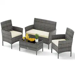 Gymax - Set Of 4 Patio Furniture Set w/Washable Cushions & Tempered Glass Coffee Table Beige - Mix Gray, Beige
