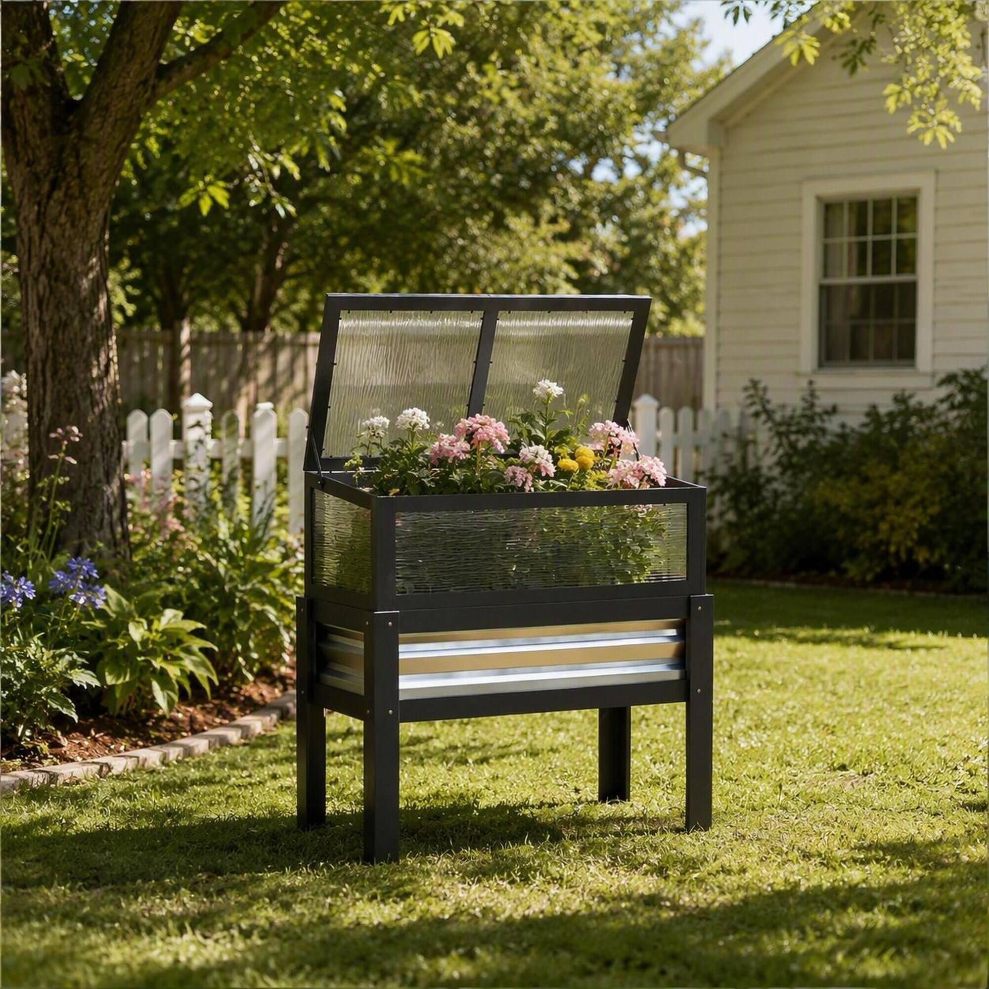 Alt View 2. RYHNUYNE - Raised Garden Bed with Flip-Up Cold Frame, Gray Fir Wood Elevated Planter Box for Patio and Yard, 35.4 Inch Wide - Gray.