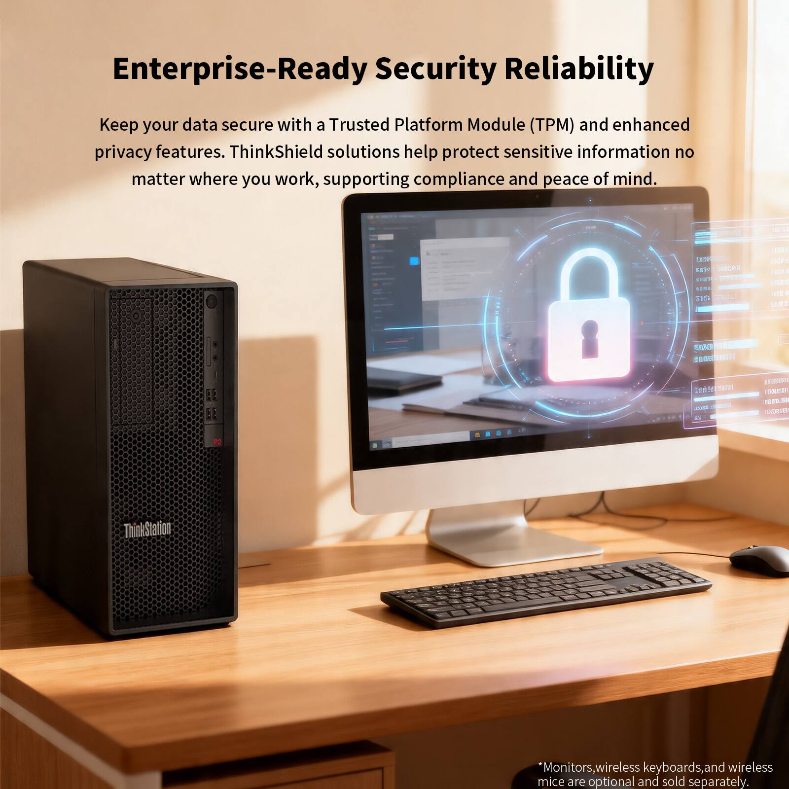 Enterprise-Ready Security Reliability

Keep your data secure with a Trusted Platform Module (TPM) and enhanced privacy features. ThinkShield solutions help protect sensitive information no matter where you work, supporting compliance and peace of mind.

*Monitors, wireless keyboards, and wireless mice are optional and sold separately.