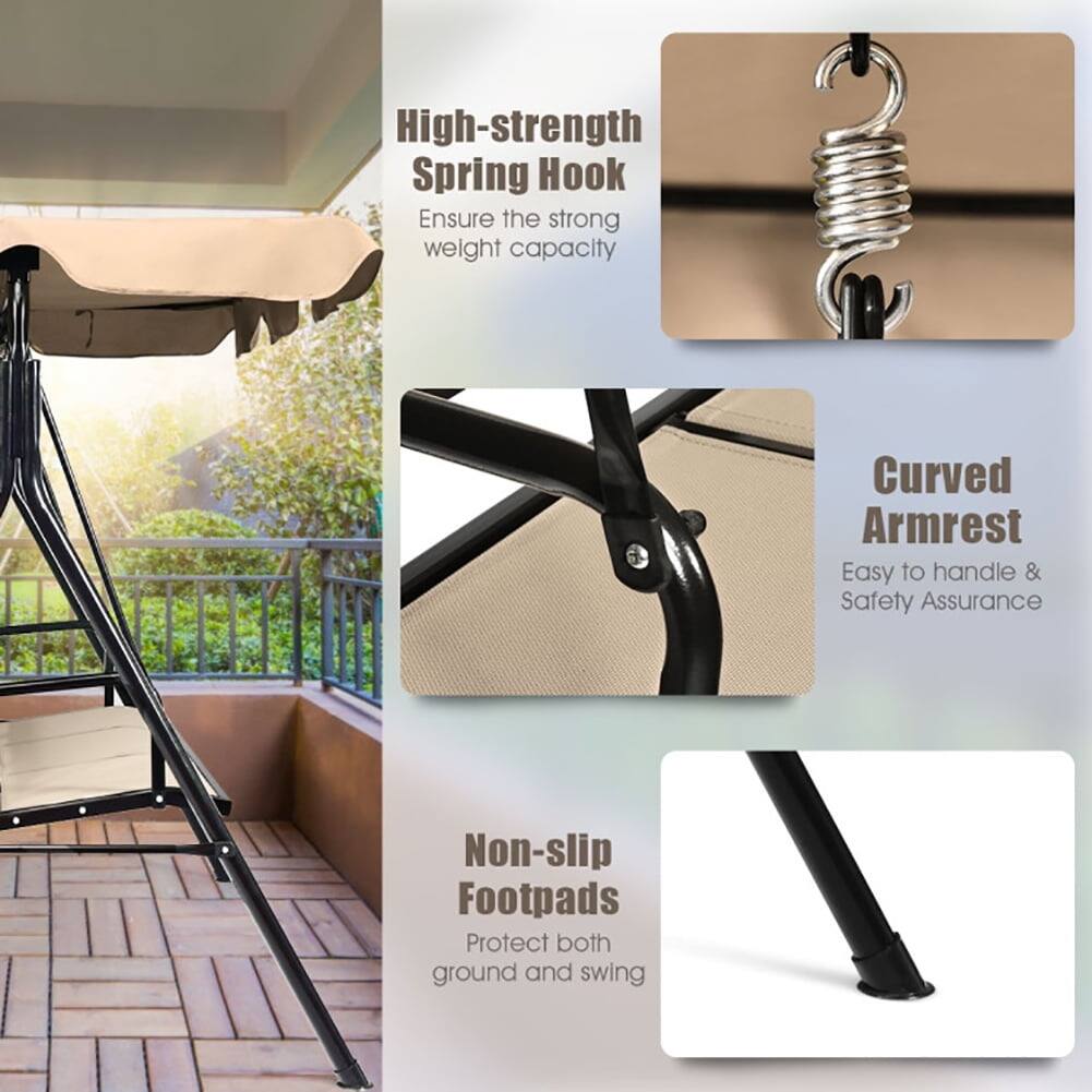 High-strength Spring Hook  
Ensure the strong weight capacity  

Curved Armrest  
Easy to handle & Safety Assurance  

Non-slip Footpads  
Protect both ground and swing