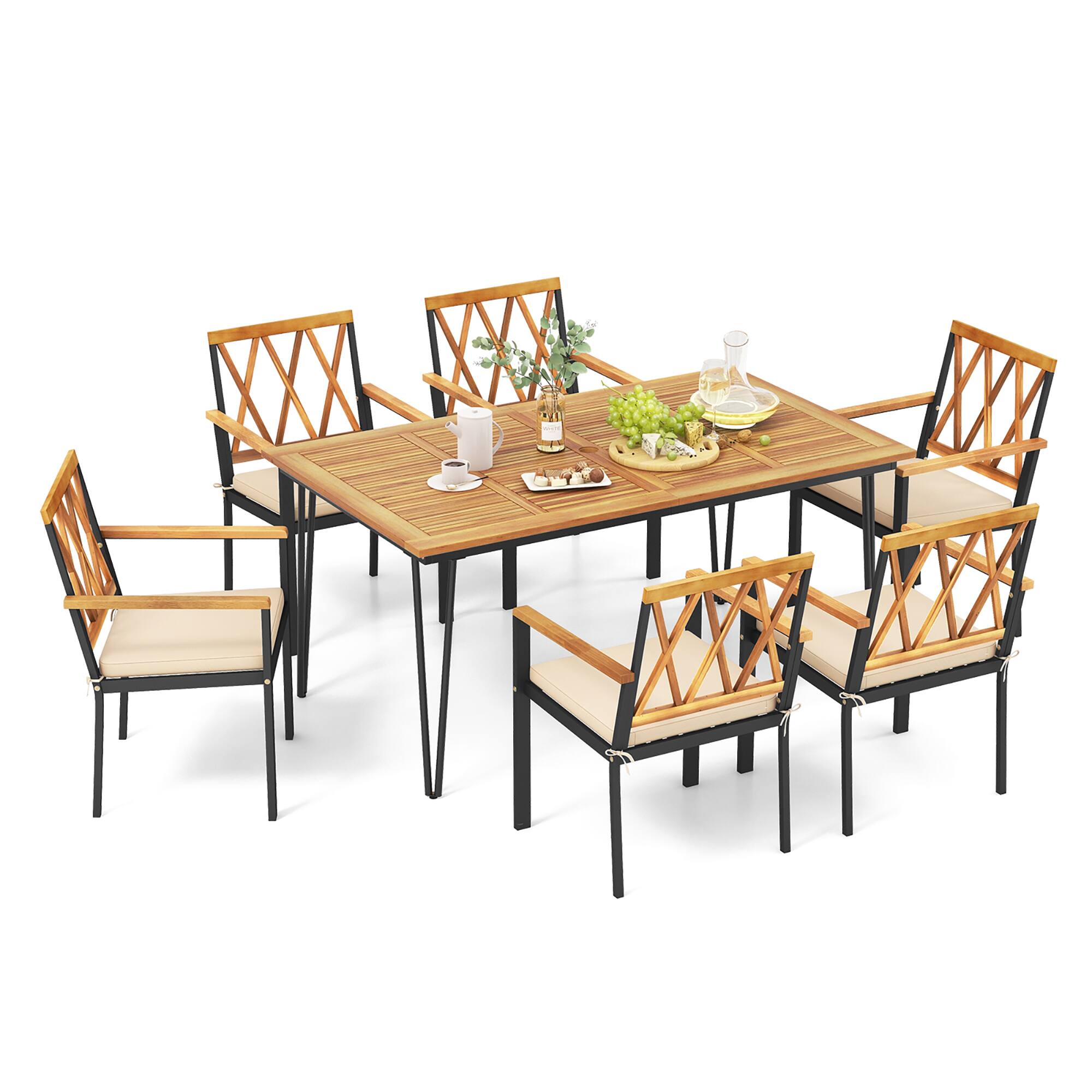Front. Gymax - Gymax 7 PCS Patio Dining Set w/ 2'' Umbrella Hole and Seat Cushions for Garden - Natural, Black.