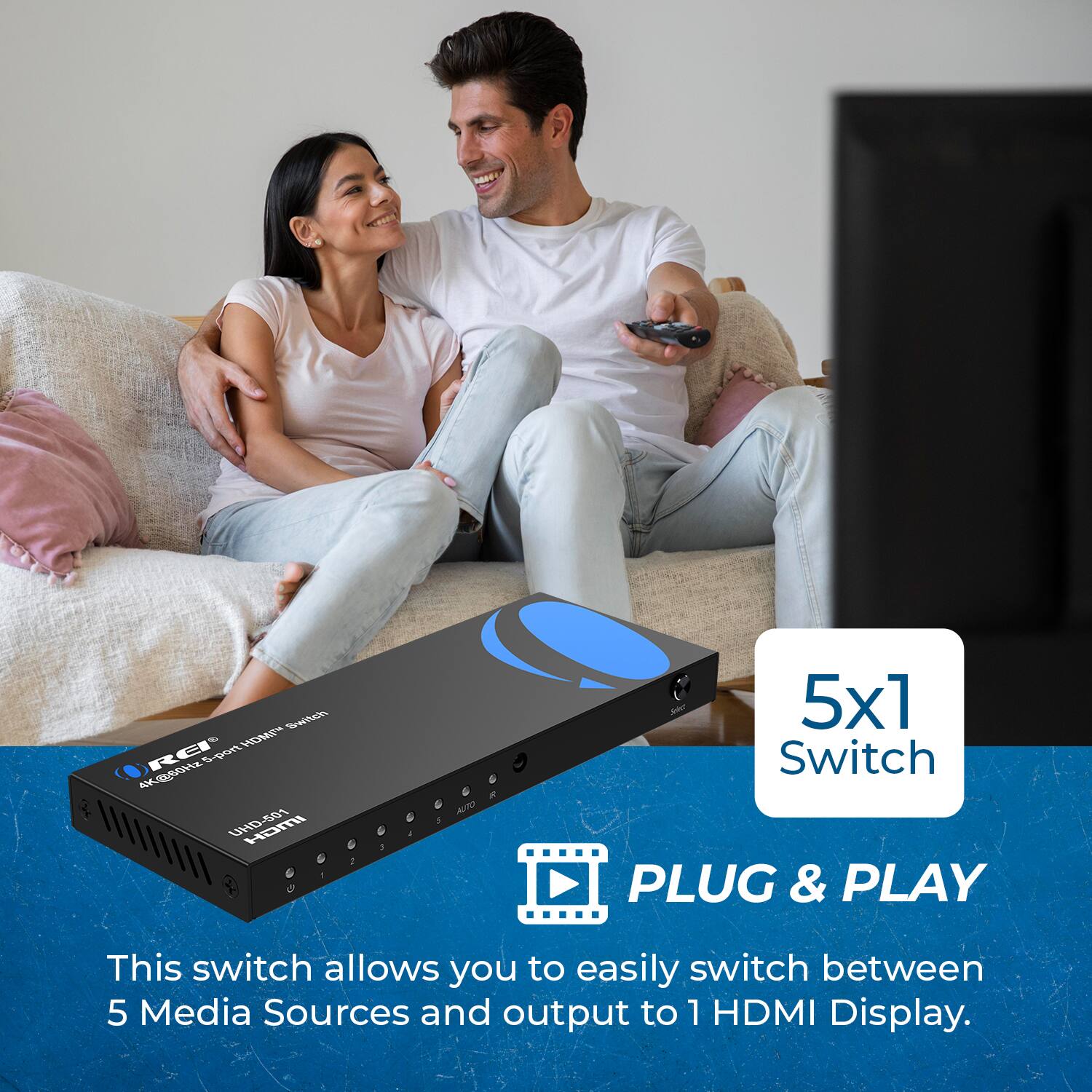 5x1 Switch

PLUG & PLAY

This switch allows you to easily switch between 5 Media Sources and output to 1 HDMI Display.