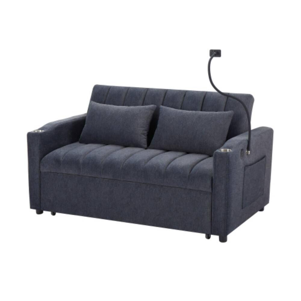 Alt View 5. LUCKY ONE - 55.9" Convertible Loveseat Sofa Bed w/ 3 USB Ports Cup Holders Swivel Phone Holder - Blue-gray.