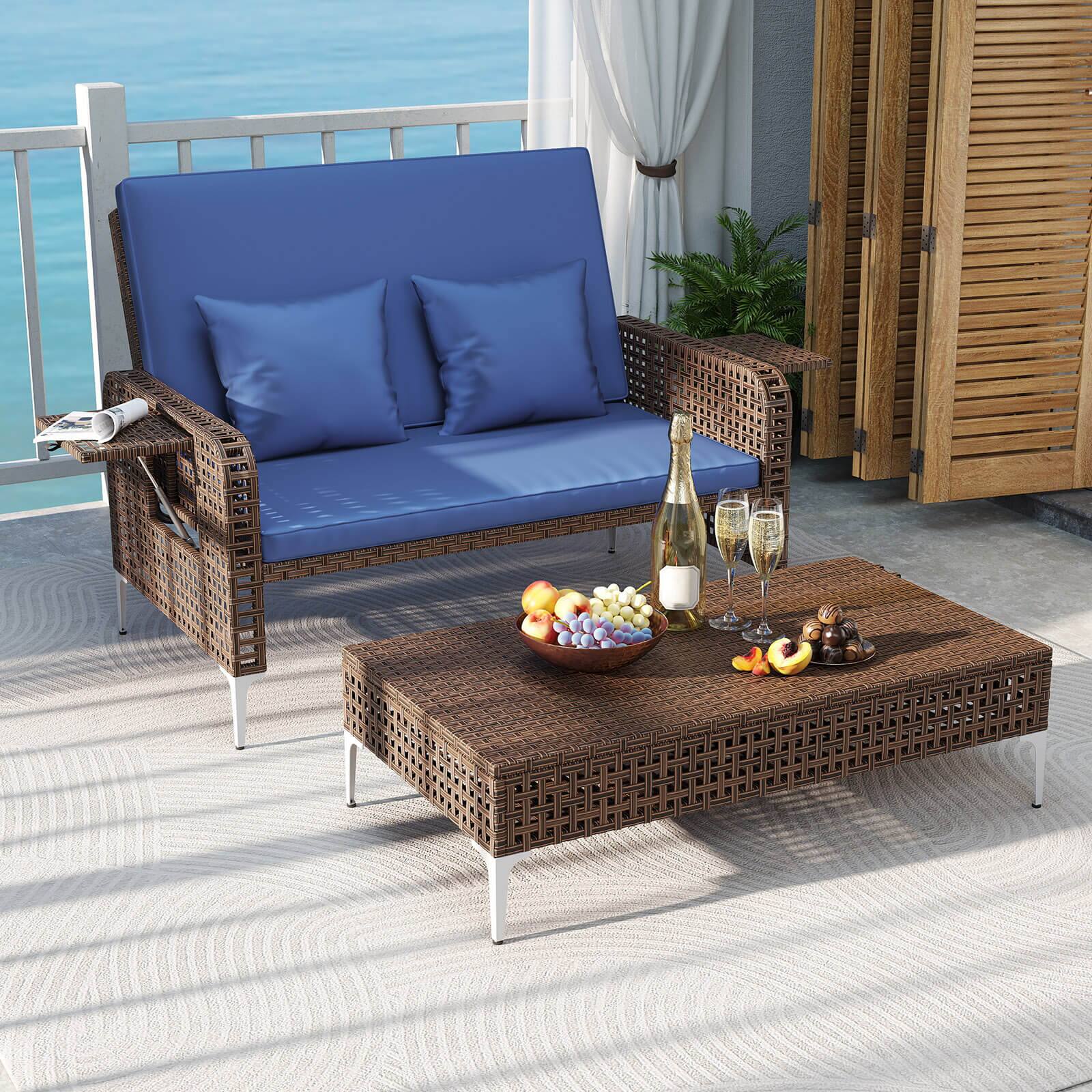 Alt View 1. Costway - Costway 2 PCS Wicker Loveseat & Storage Ottoman with  4-Level Backrest & Soft Cushion - Navy.