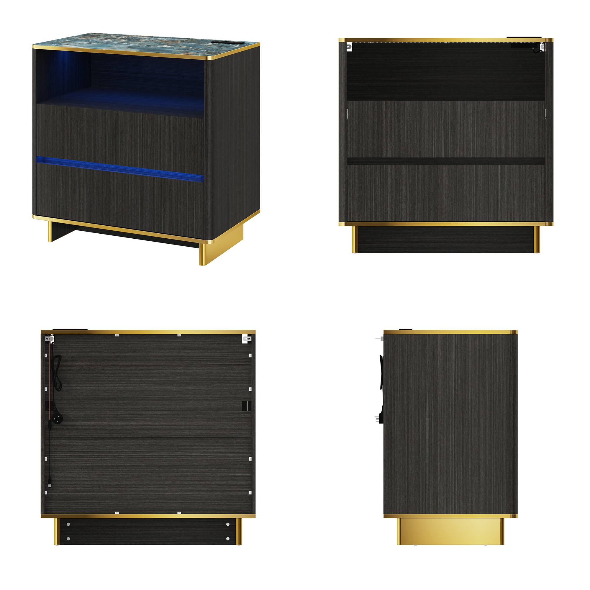Alt View 7. Famapy - Modern Nightstand with LED Light & Charging Hub, Marble-Top Bedside Cabinet with Gold Legs & 2 Drawers Furniture - Black.
