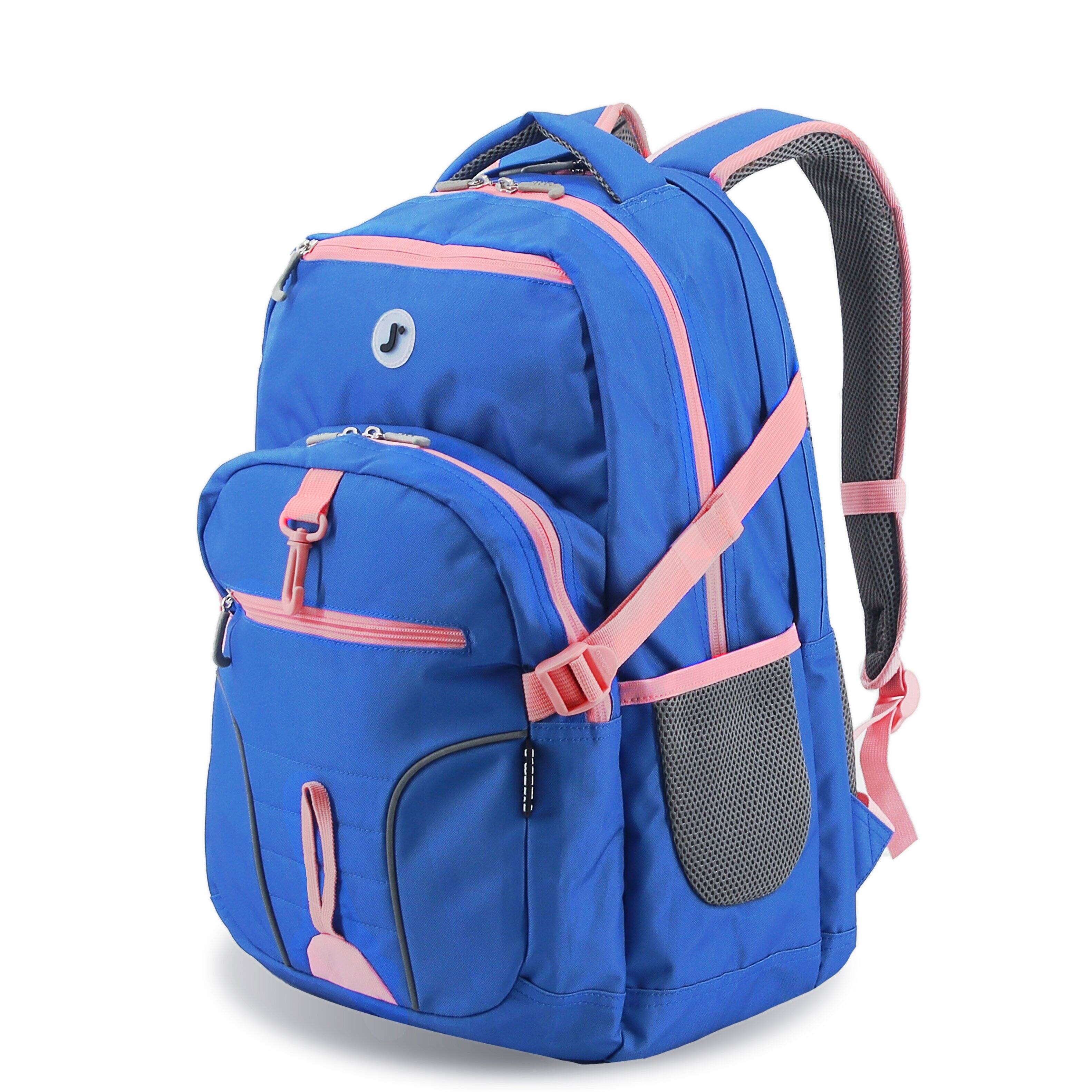 Angle. J World - J World Girls Atom 18.5" Multi-Compartment Laptop Backpack for School and Travel, Navy/Pink - NAVY PINK.