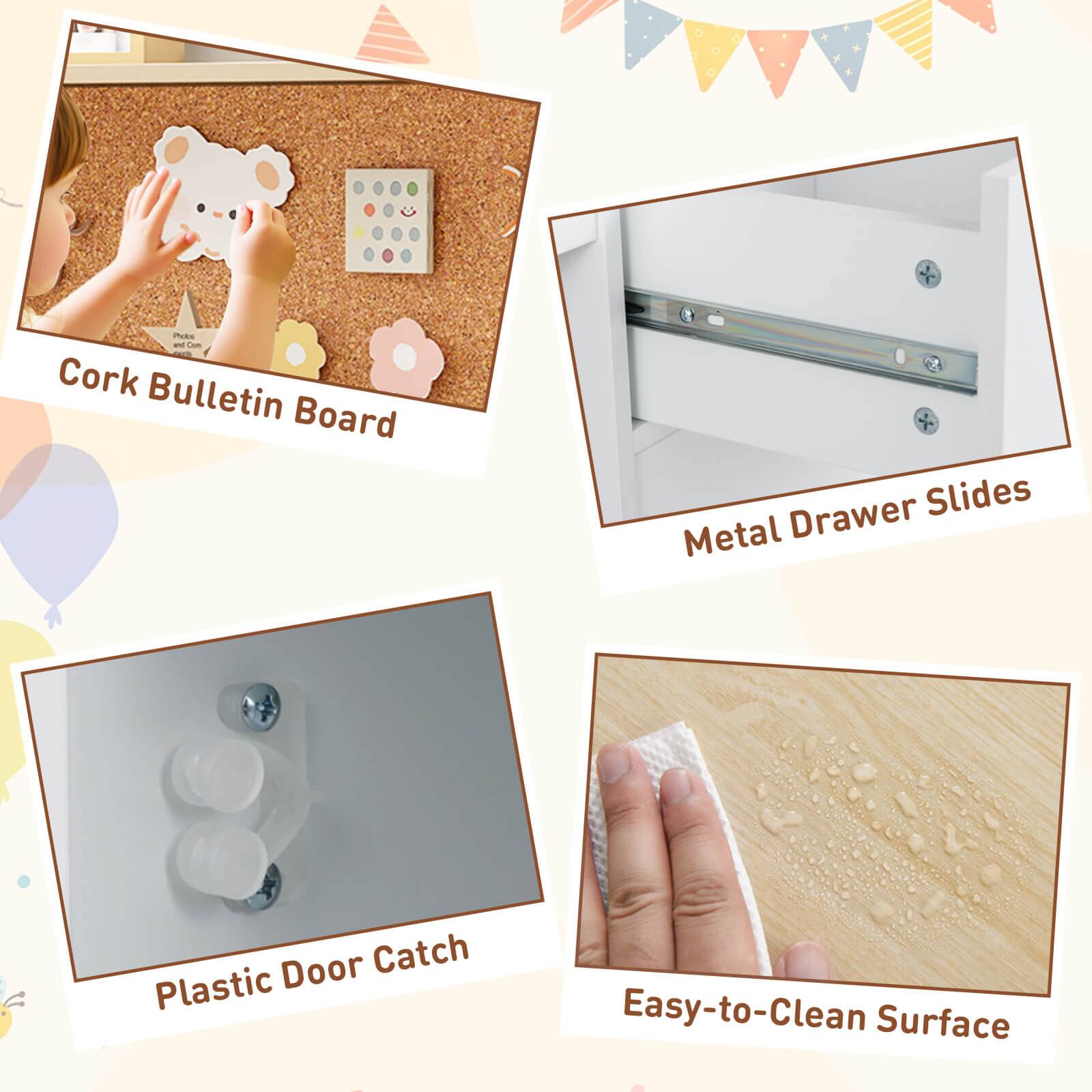 - Cork Bulletin Board
- Metal Drawer Slides
- Plastic Door Catch
- Easy-to-Clean Surface