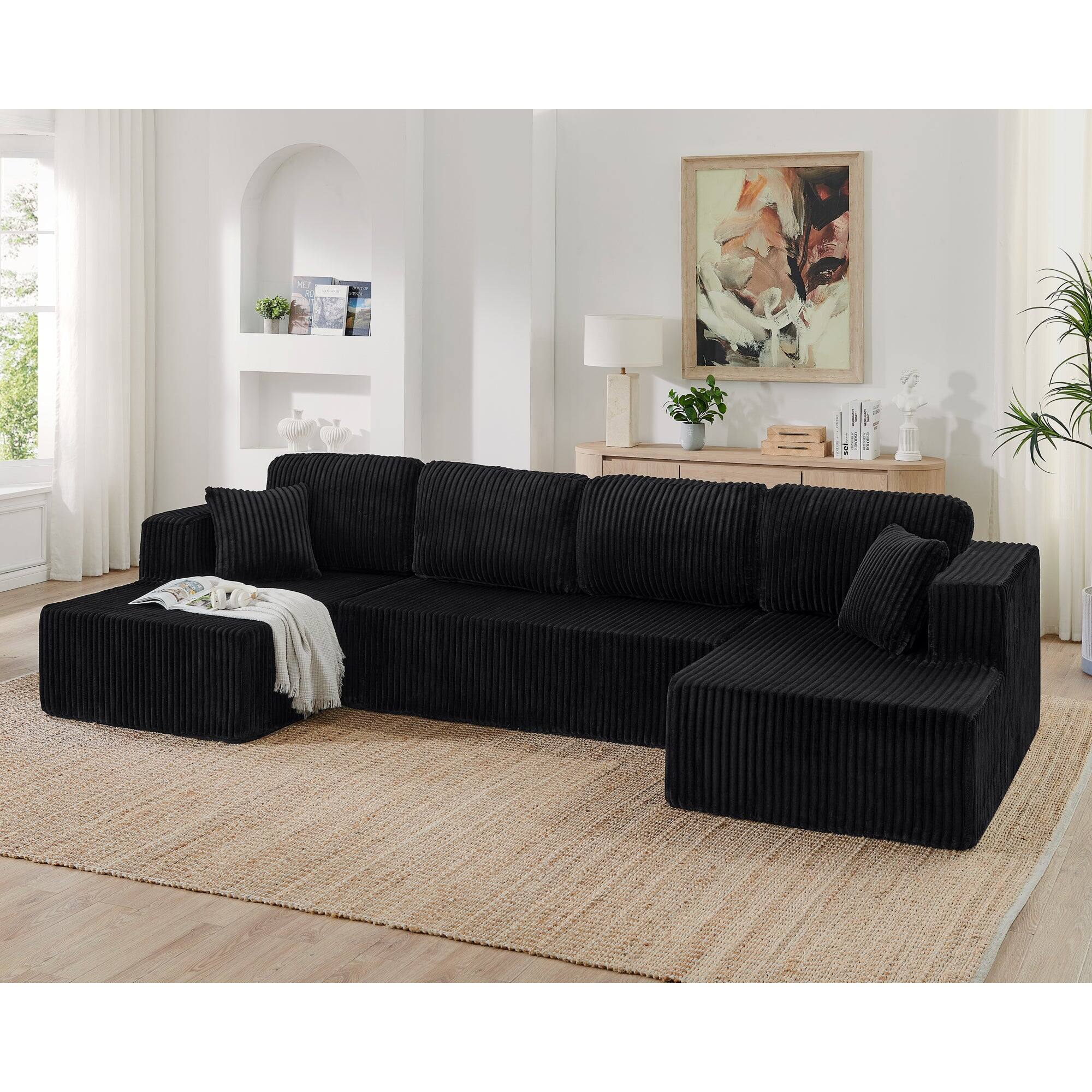 Alt View 3. Boyel Living - U Shape Modular Sectional Sofa Compressed Corduroy Couch Minimalist Sleeper Sofa for Living Room and Bedroom Black - Black.