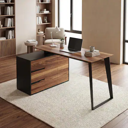 Front. FUFU & GAGA - FUFU&GAGA Industrial Reversible L - Shaped Desk – A Multifunctional Workstation for Home Offices & Gaming Setups - Brown & Black.