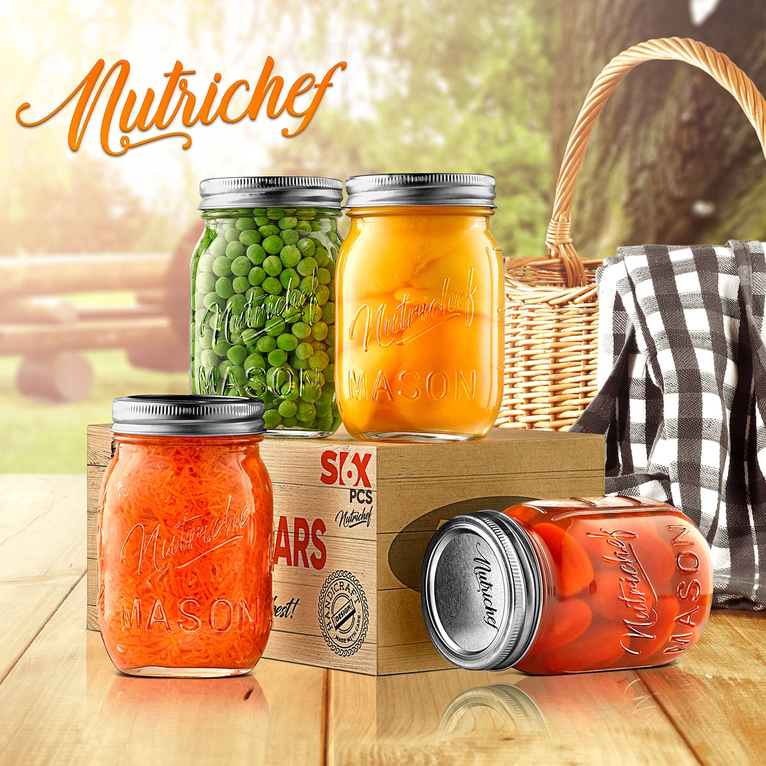 NutriChef 4 Pack 16oz Mason Jars, Thick Glass Canning Jars with