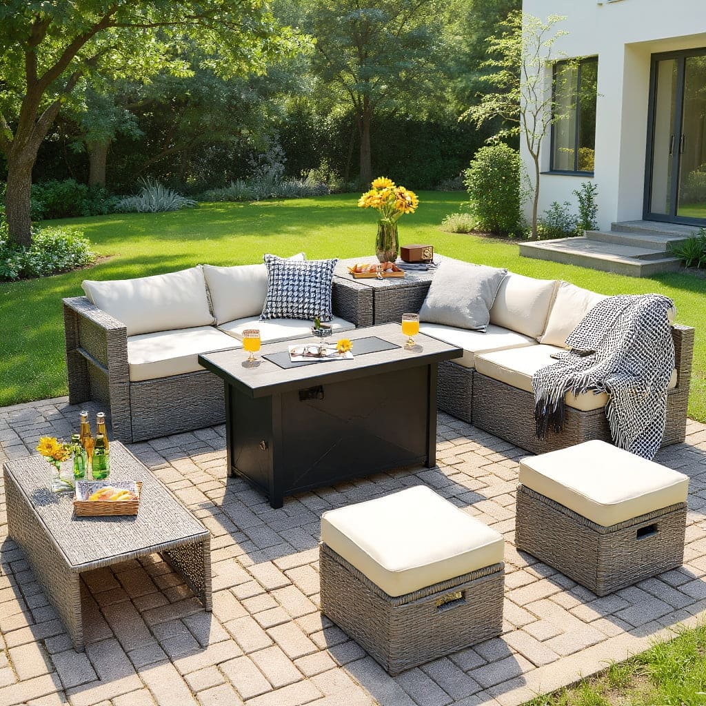 Kadyn - 9 Pieces Patio Furniture Set with 42 Inches 60000 BTU Fire Pit- Patio Seating Conversation Set - White
