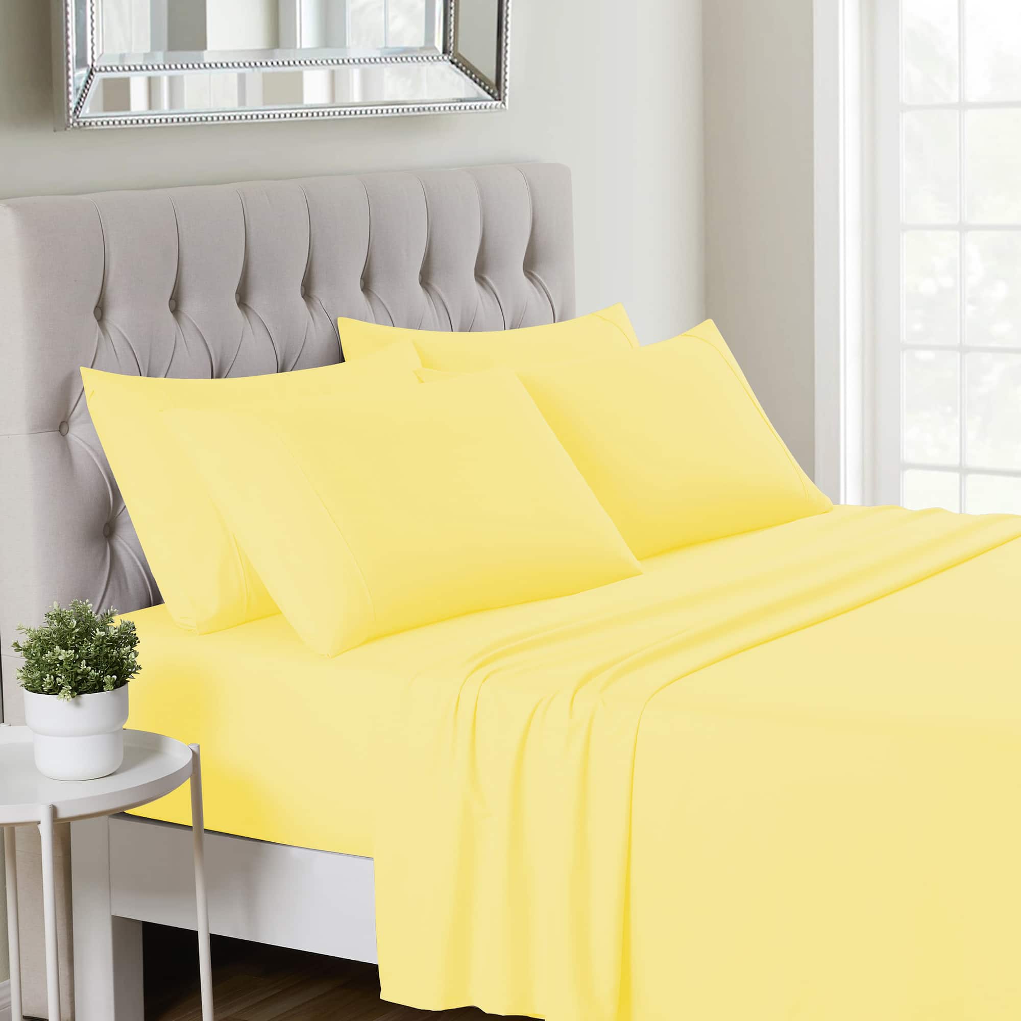 Front. Sweet Home Collection - Deluxe Microfiber Sheet Set with Bonus Pillowcases, Ultra Soft 1500 Series, California King - Yellow.