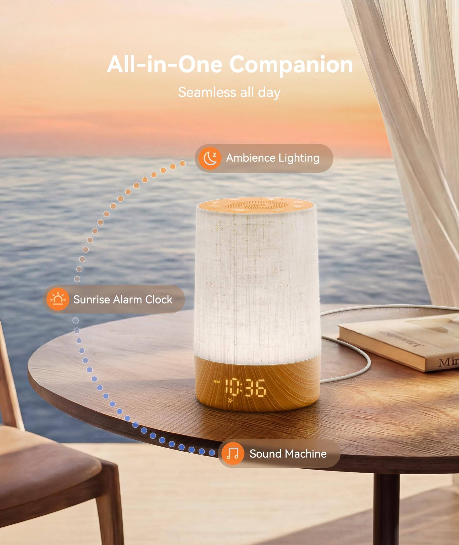 All-in-One Companion  
Seamless all day  

- Ambience Lighting  
- Sunrise Alarm Clock  
- Sound Machine  

AM 10:36