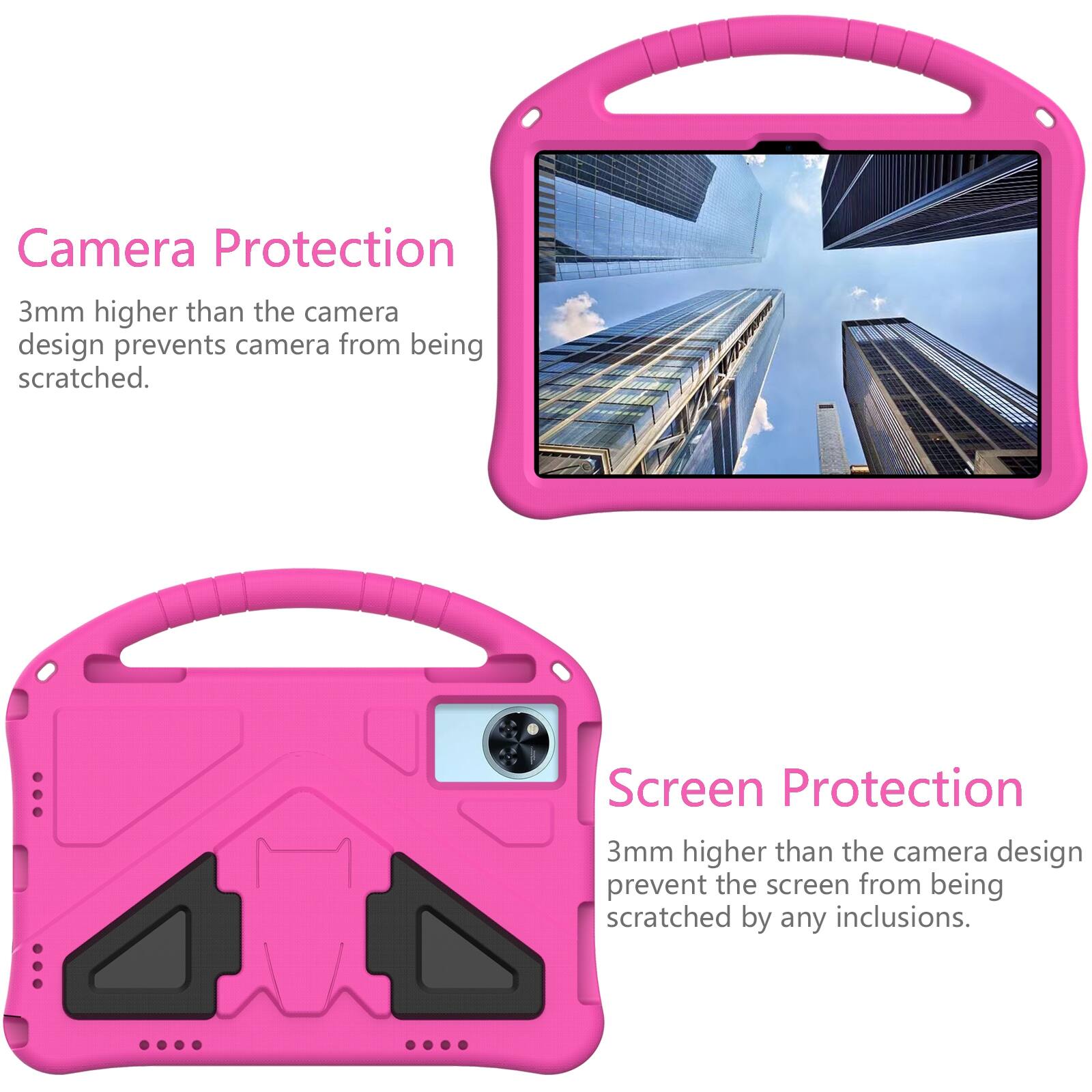 Camera Protection  
3mm higher than the camera design prevents camera from being scratched.  

Screen Protection  
3mm higher than the camera design prevent the screen from being scratched by any inclusions.