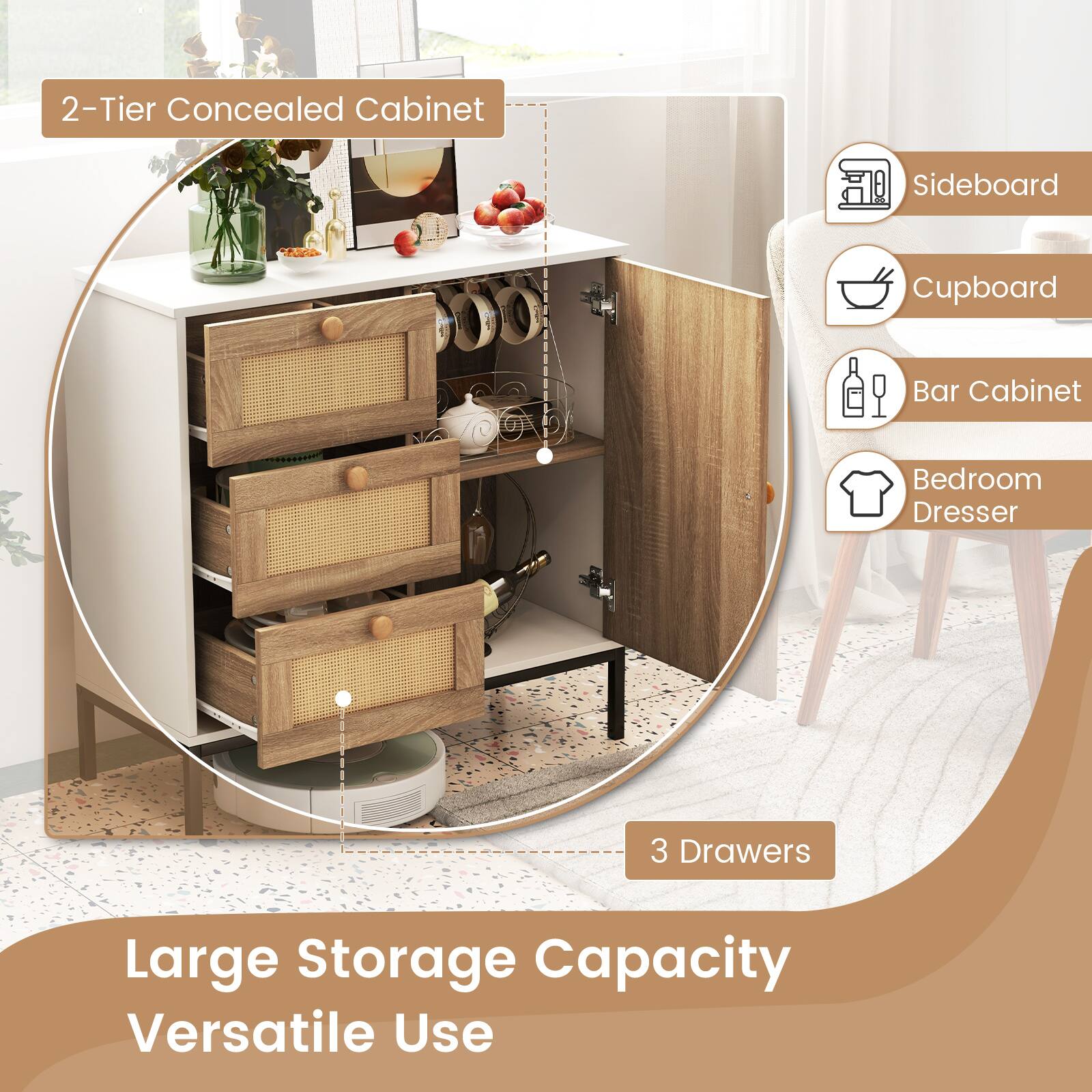 2-Tier Concealed Cabinet, Sideboard, Cupboard, Bar Cabinet, Bedroom Dresser, 3 Drawers, Large Storage Capacity, Versatile Use