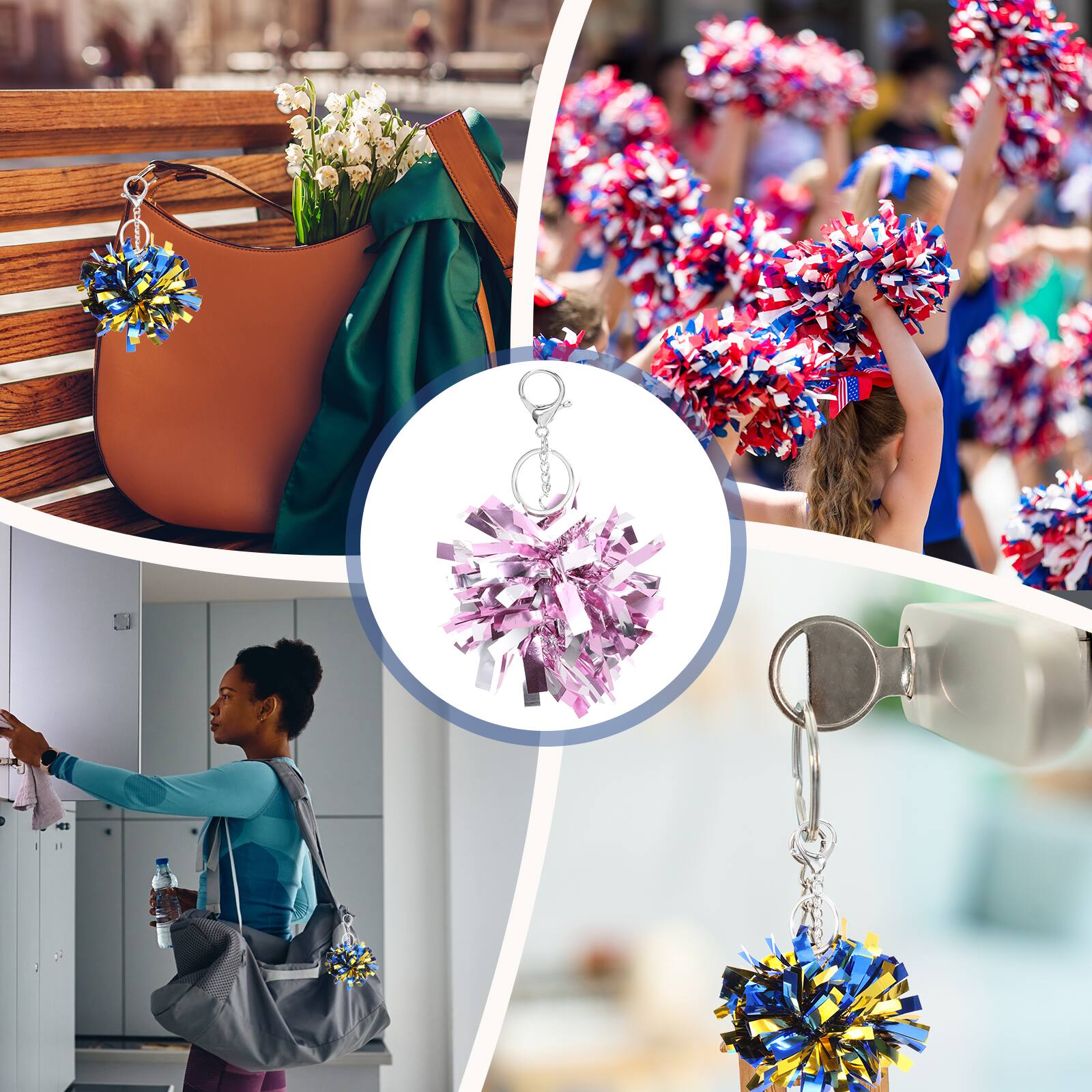 Alt View 5. Unique Bargains - 20pcs Cheer Pom Pom Keychain, Plastic Keyring Bulk for Cheerleaders Team Women Sports Events - Pink/Silver Tone.