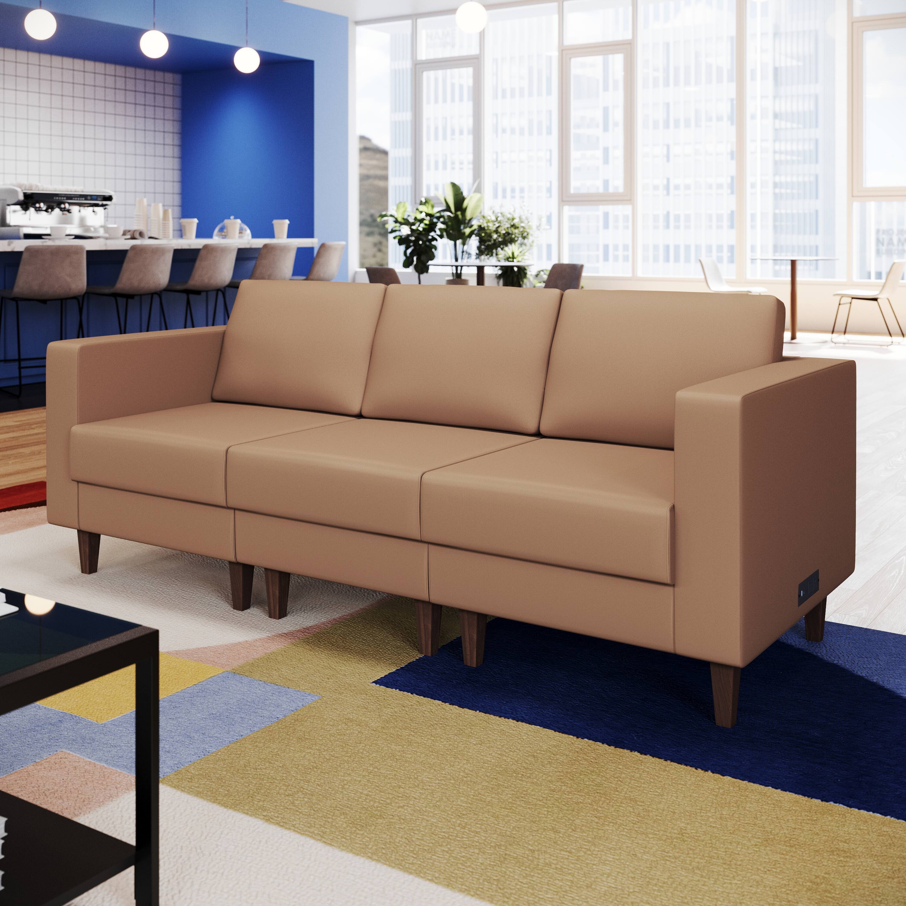 Alt View 2. Flash Furniture - HERCULES Artemis Cognac LeatherSoft Reception Sofa with 4 AC Outlets/2 USB/2 USB-C Ports and Solid Wood Walnut Legs with - Brown.