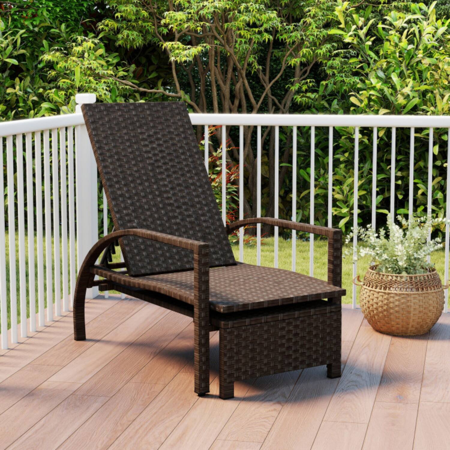 Alt View 2. Mondawe - Patio Rattan Chaise Lounge Chair w Retractable Ottoman & 6-Level Backrest 400 lbs - Mix Brown.