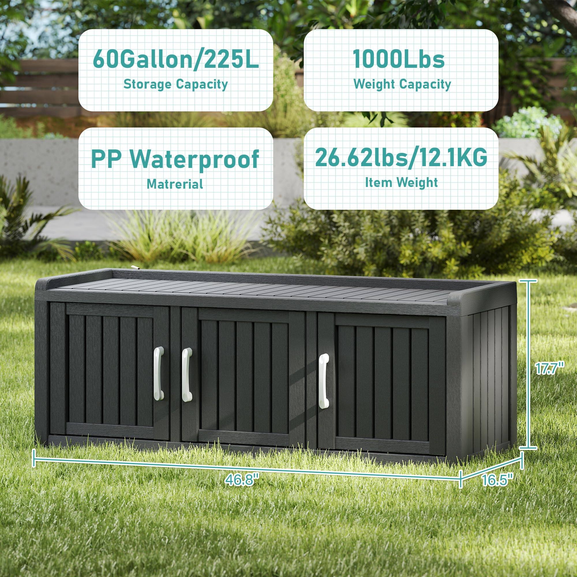 60Gallon/225L Storage Capacity  
1000Lbs Weight Capacity  
PP Waterproof Material  
26.62lbs/12.1KG Item Weight  
17.7" x 46.8" x 16.5"